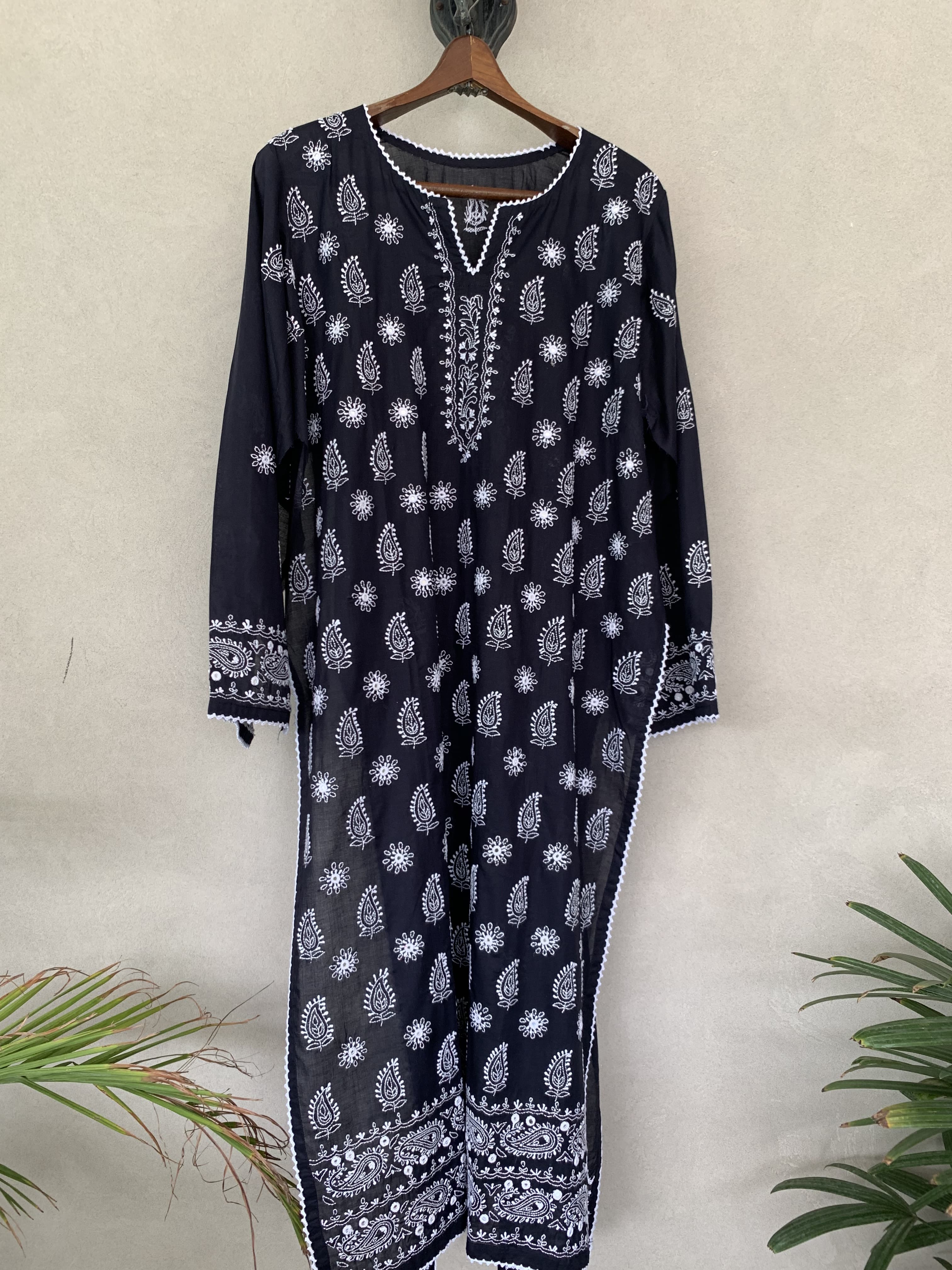 Black and white hand embroidered kurta