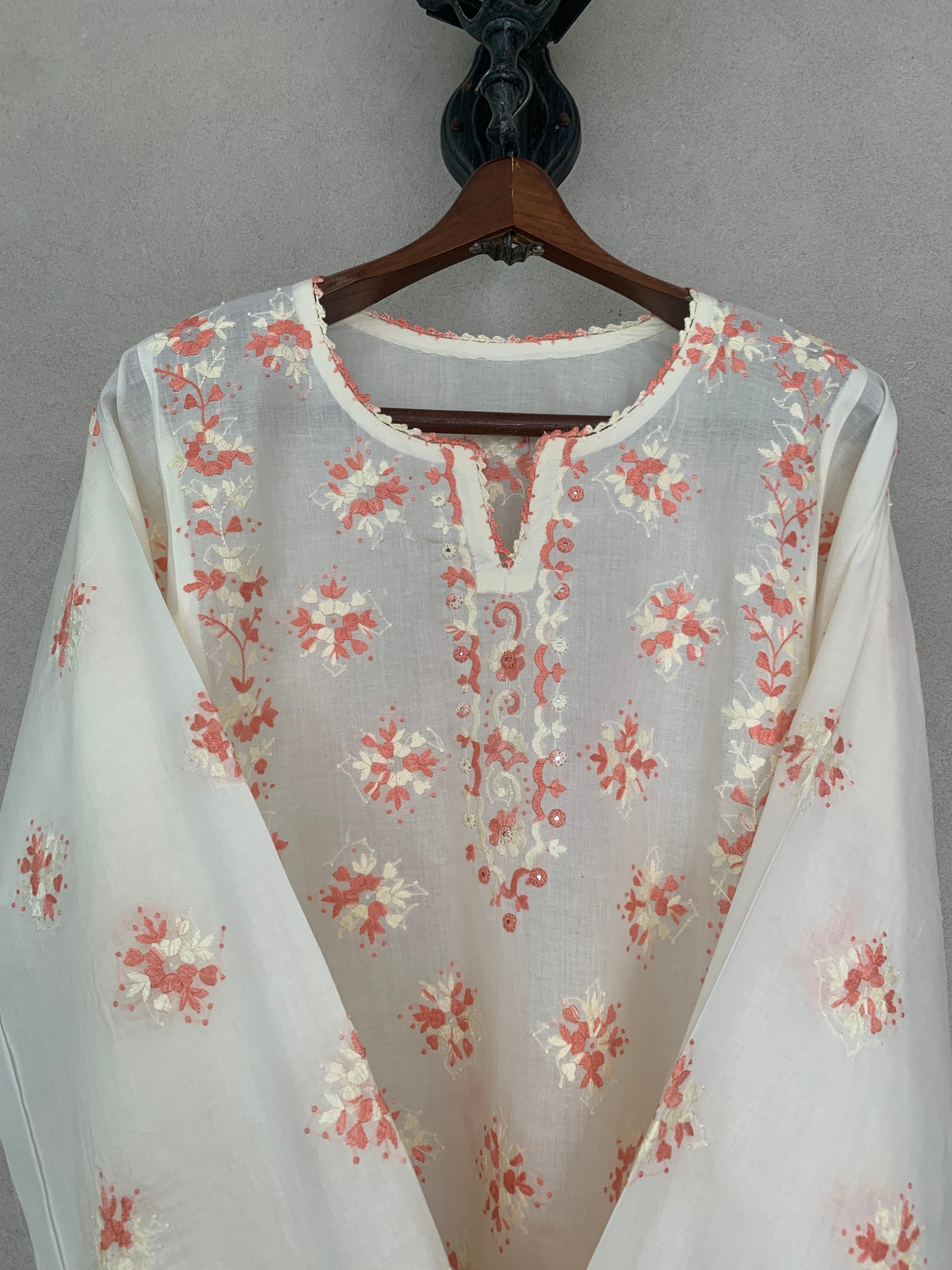 White and orange hand embroidered kurta