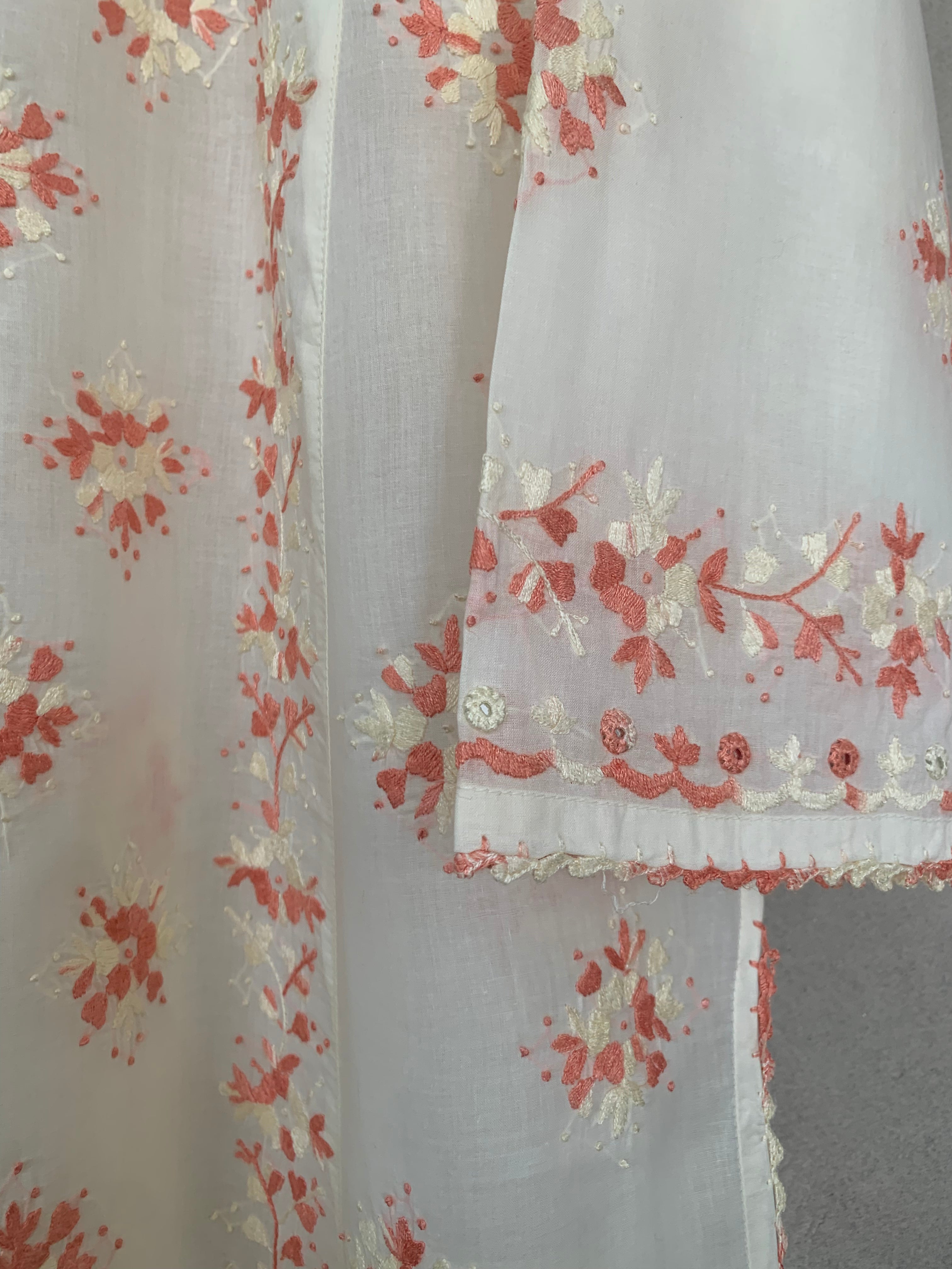 White and orange hand embroidered kurta