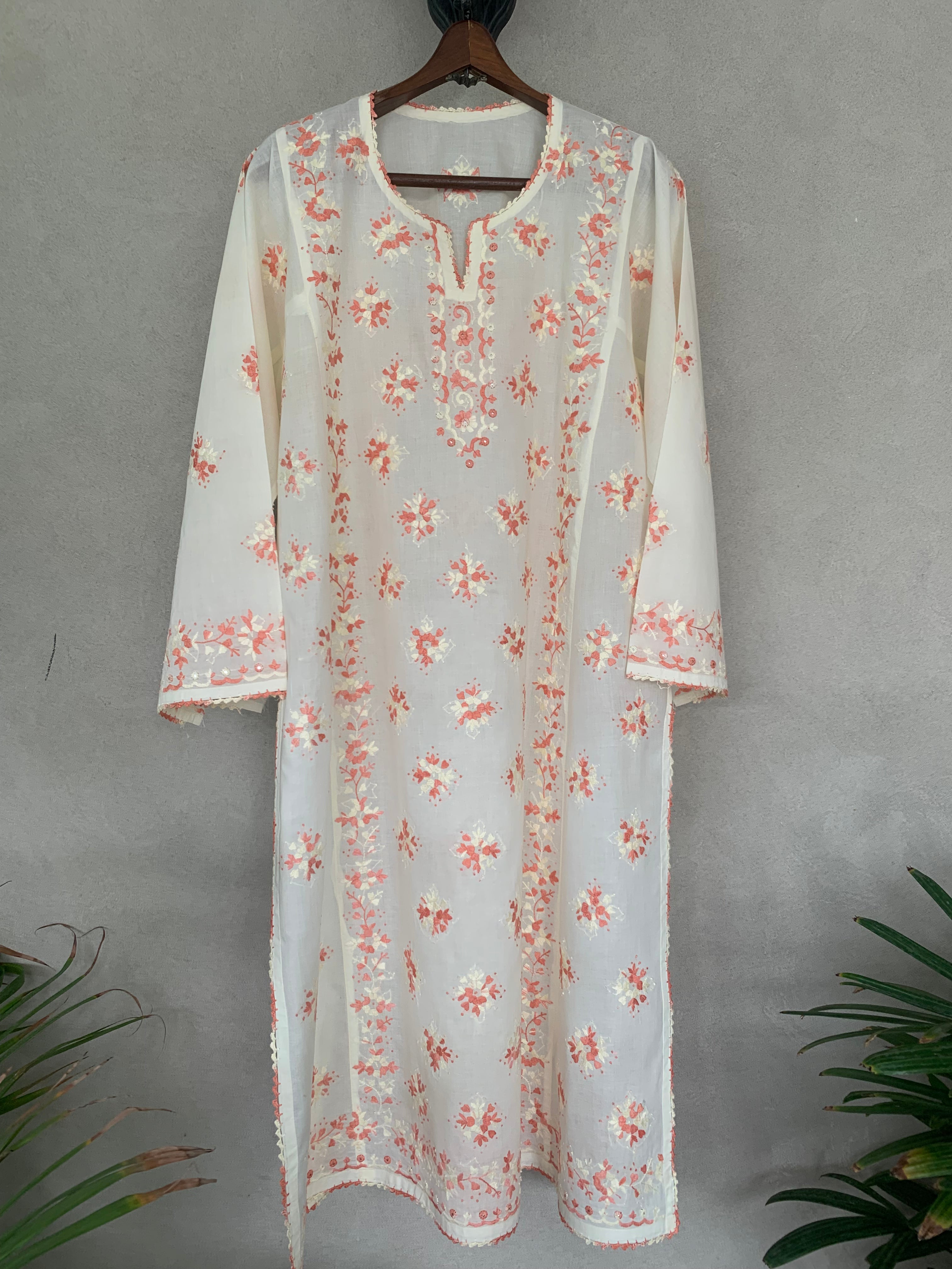 White and orange hand embroidered kurta