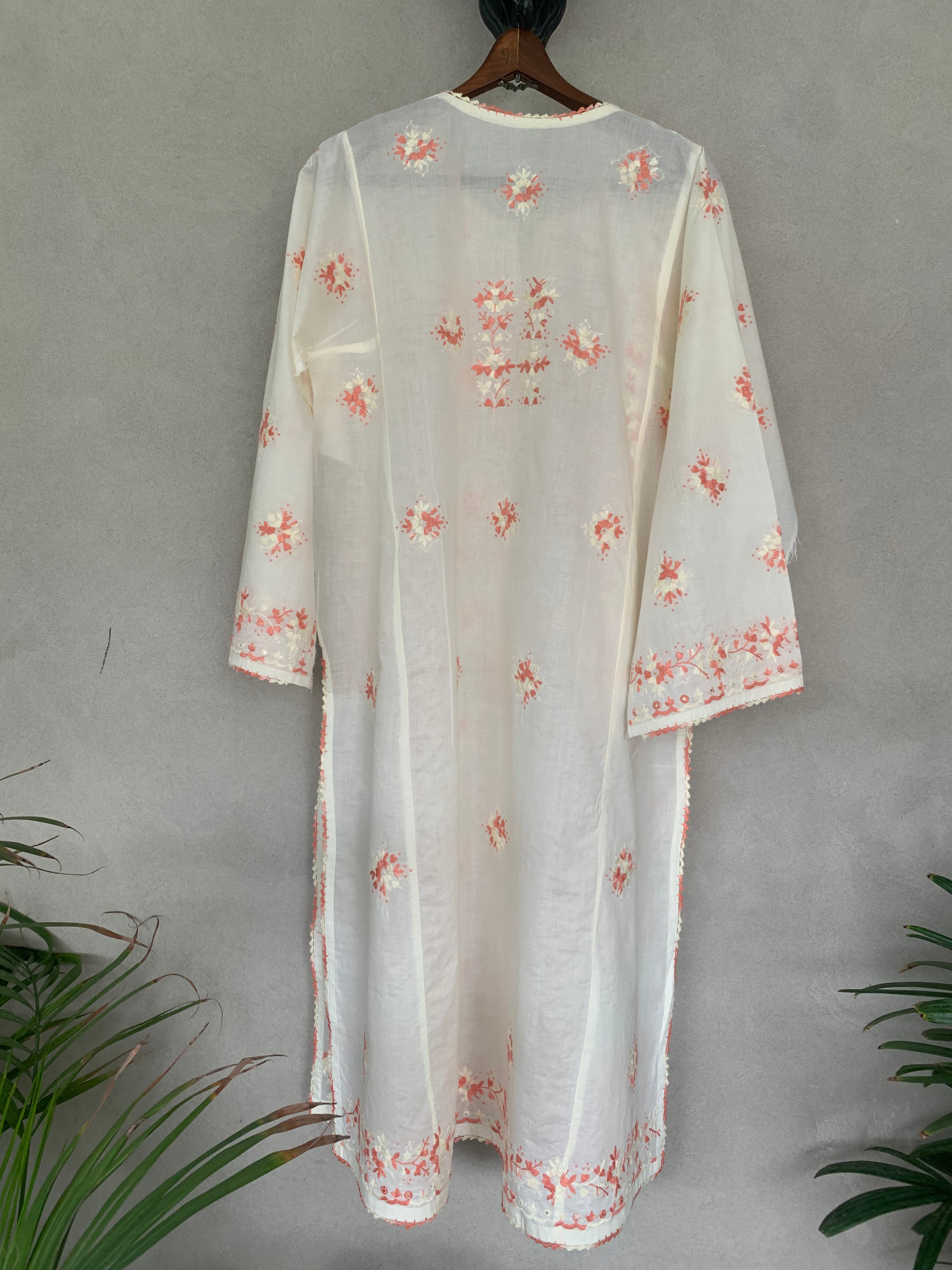 White and orange hand embroidered kurta