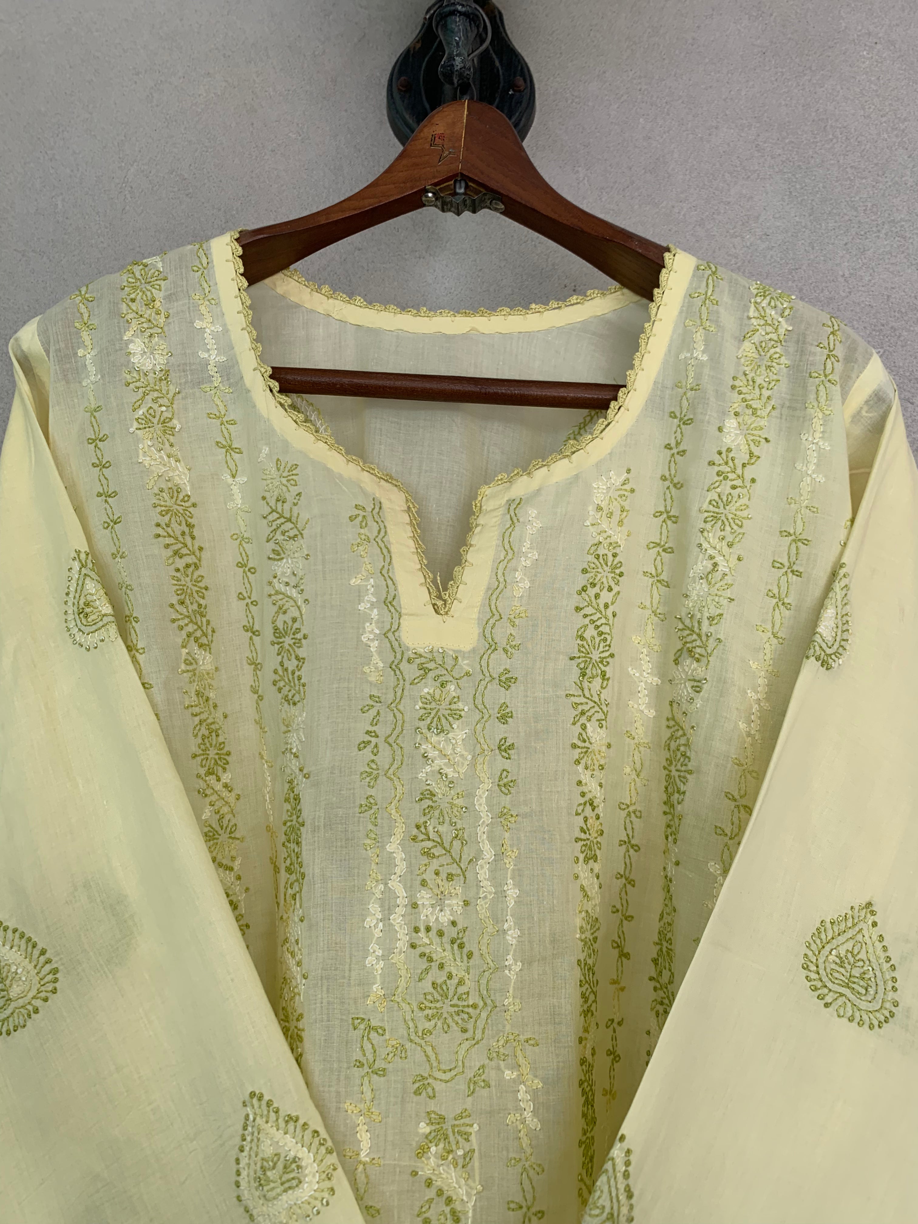 Yellow and green hand embroidered kurta