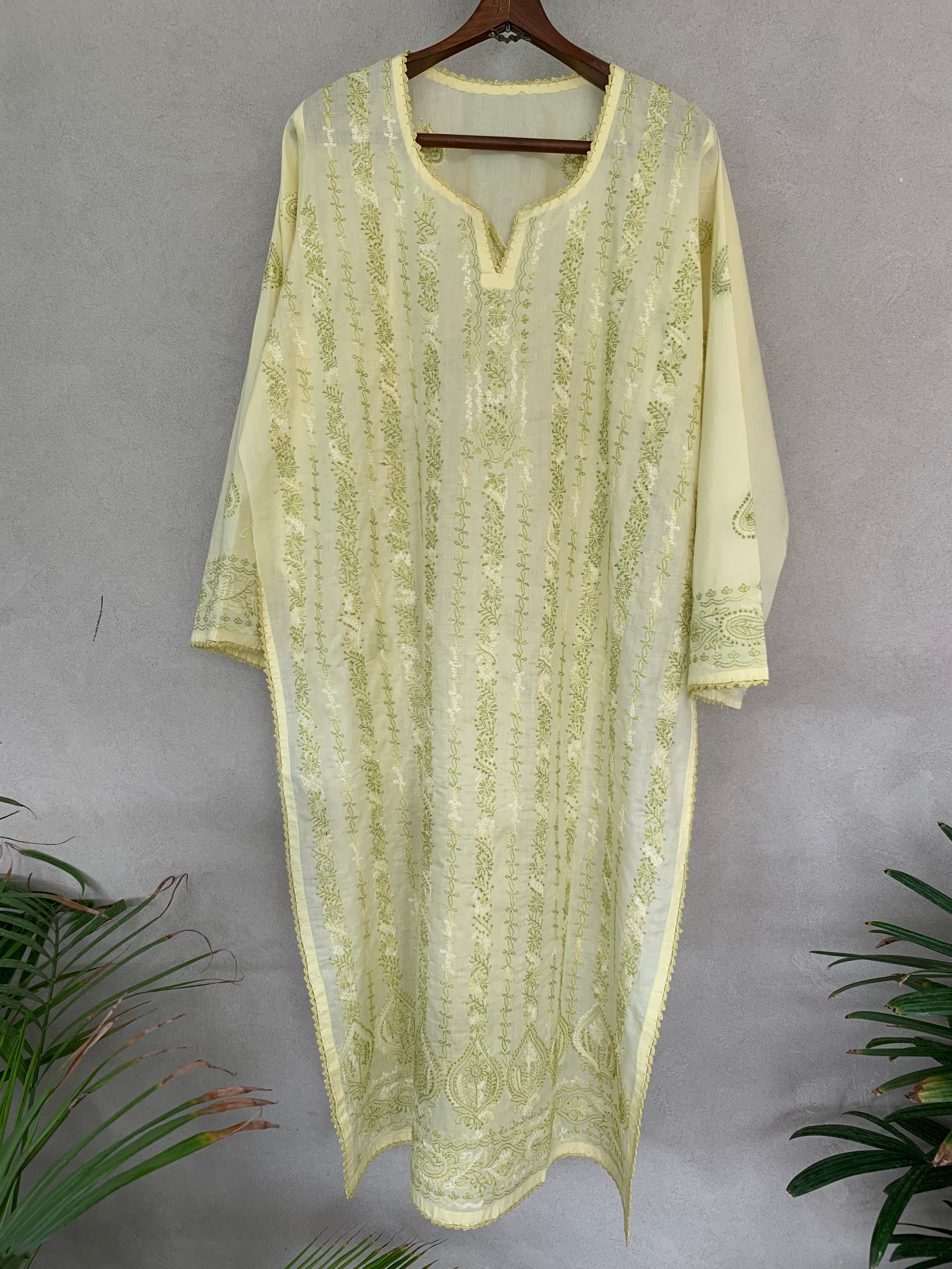 Yellow and green hand embroidered kurta