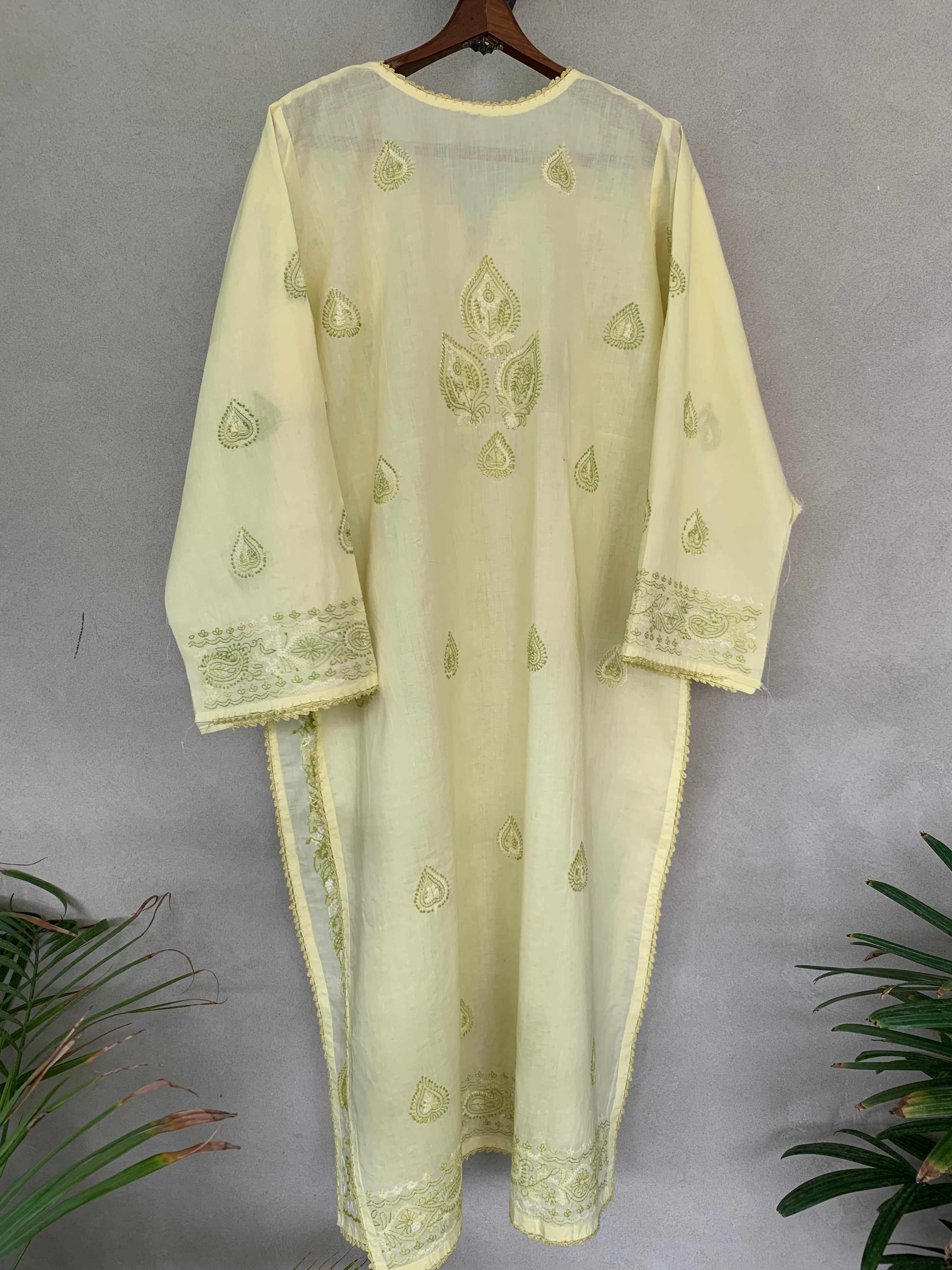 Yellow and green hand embroidered kurta