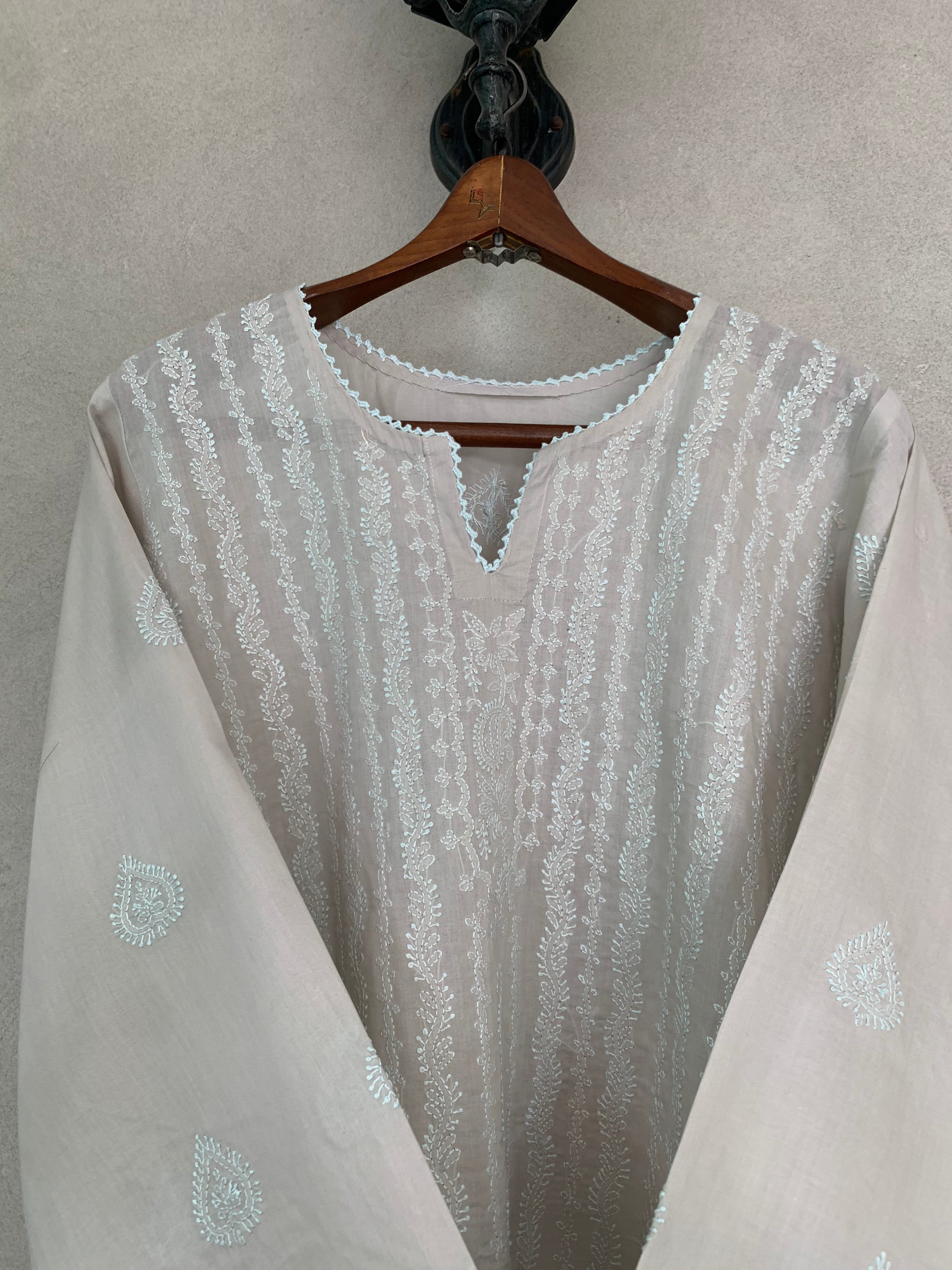 Grey and blue hand embroidered kurta