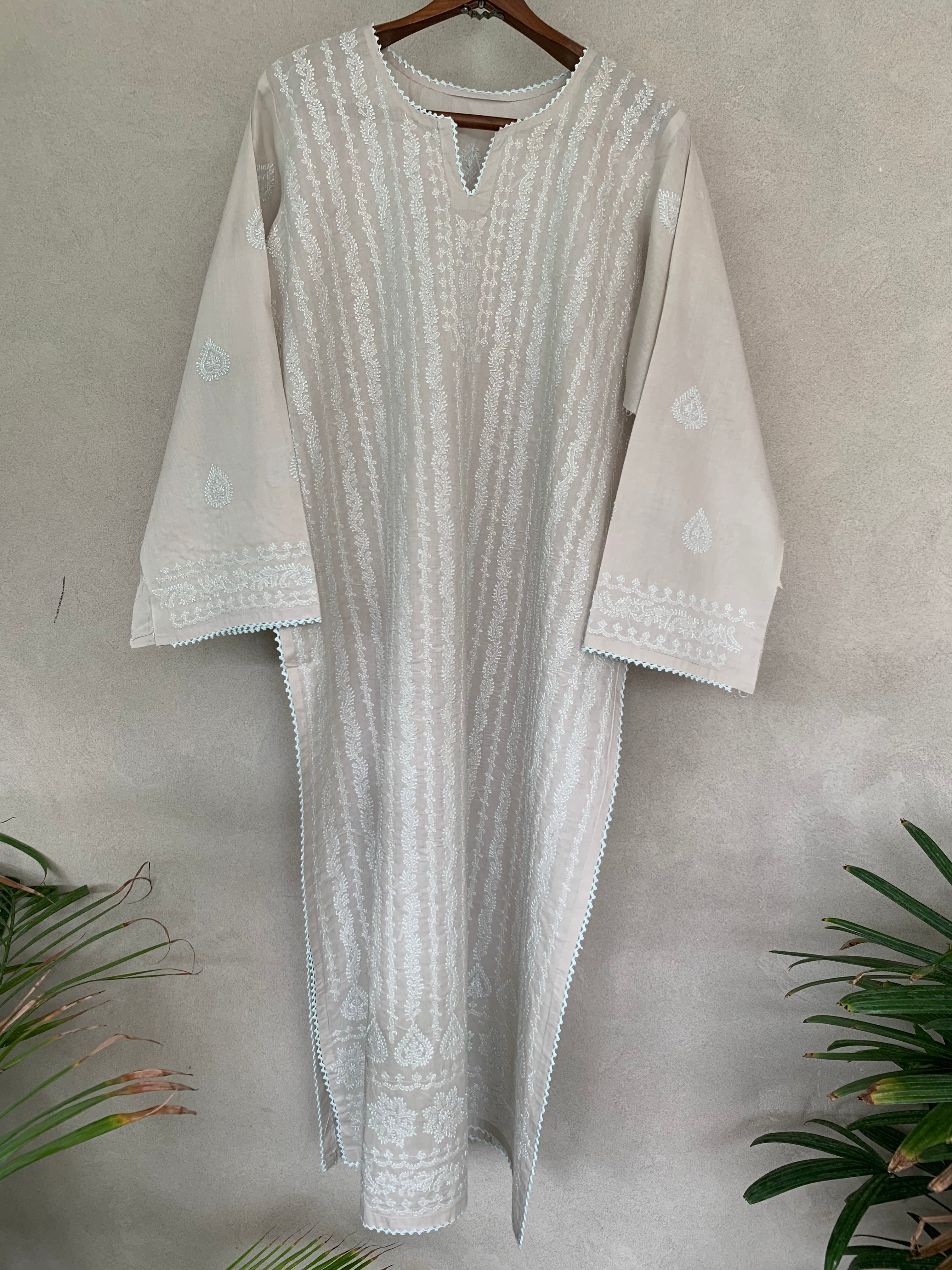 Grey and blue hand embroidered kurta