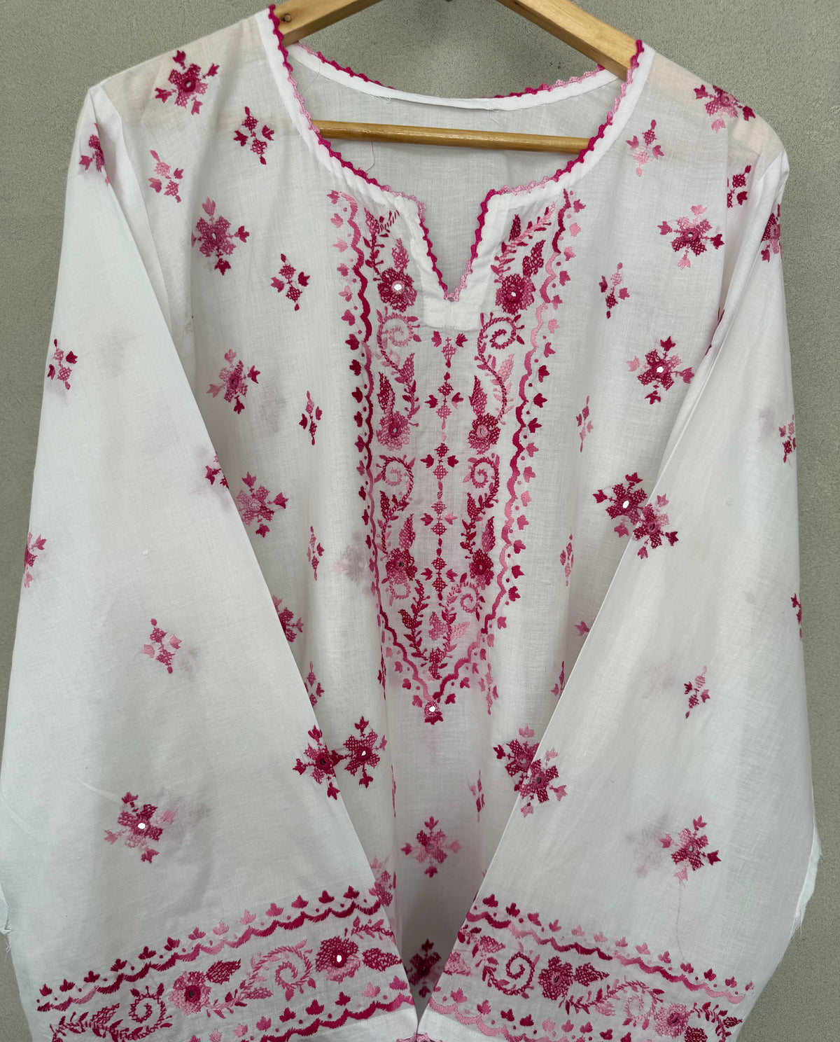 White and Pink hand embroidered kurta