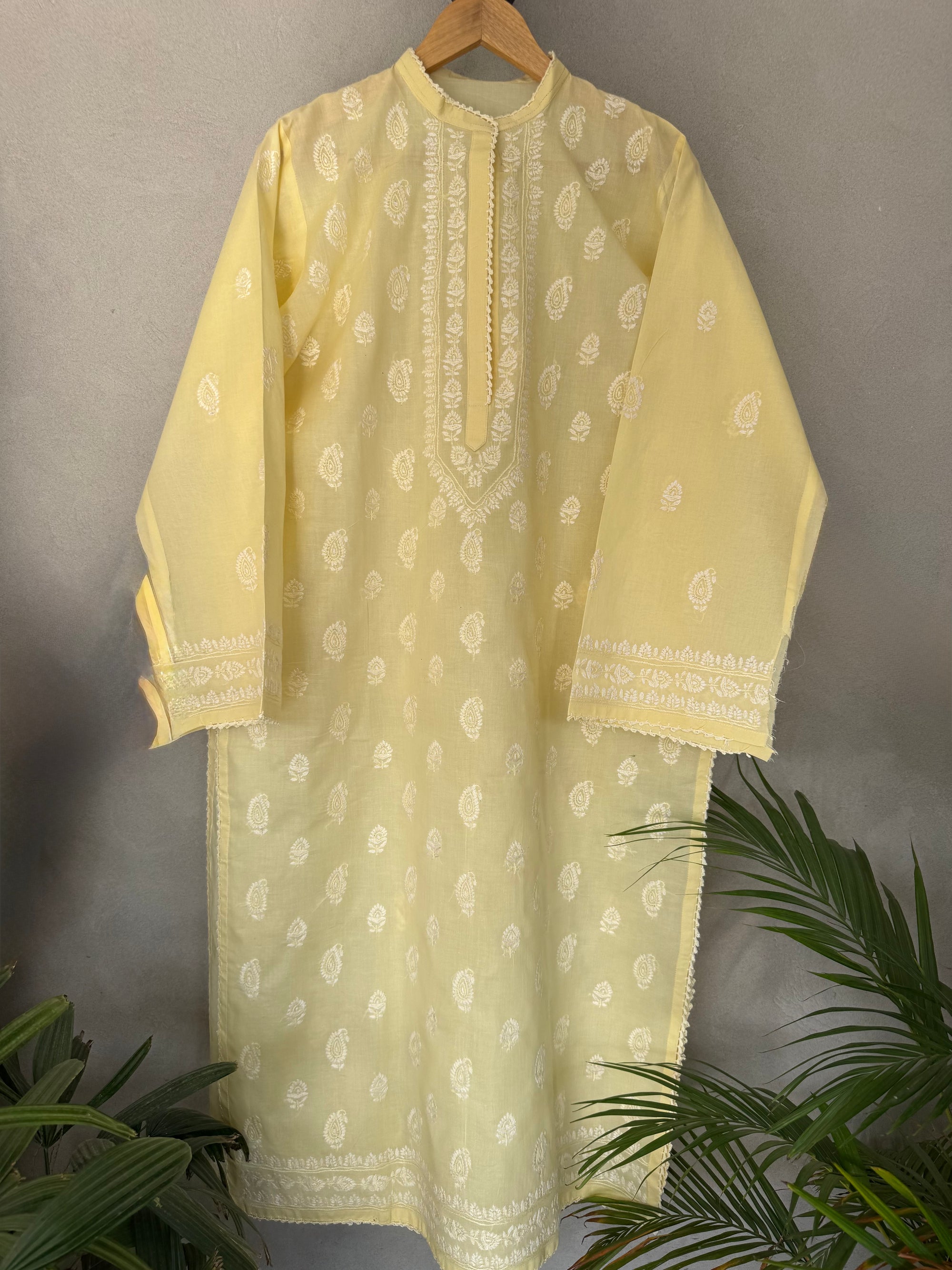 Butter yellow hand embroidered kurta