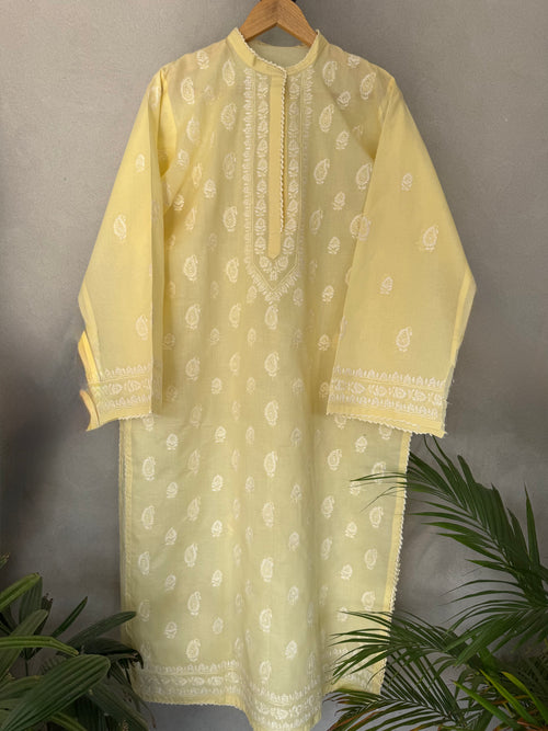 Butter yellow hand embroidered kurta