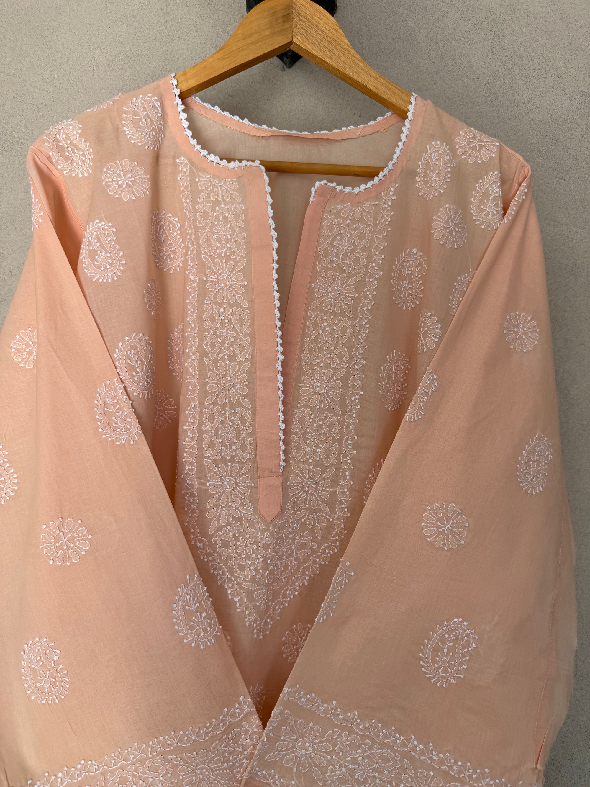 Peach and white hand embroidered kurta