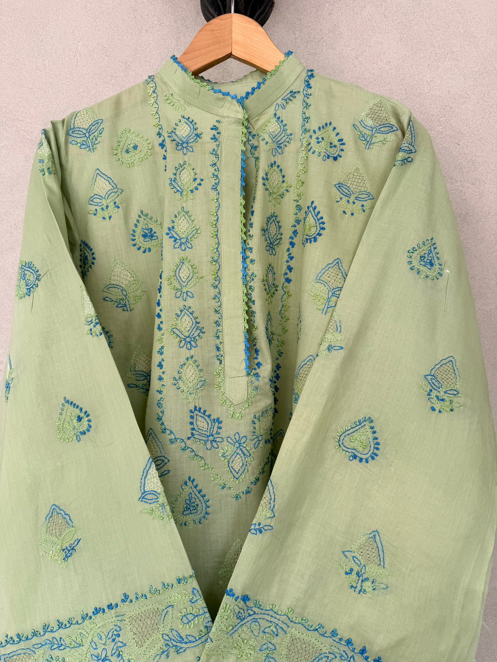 Green & blue hand embroidered kurta