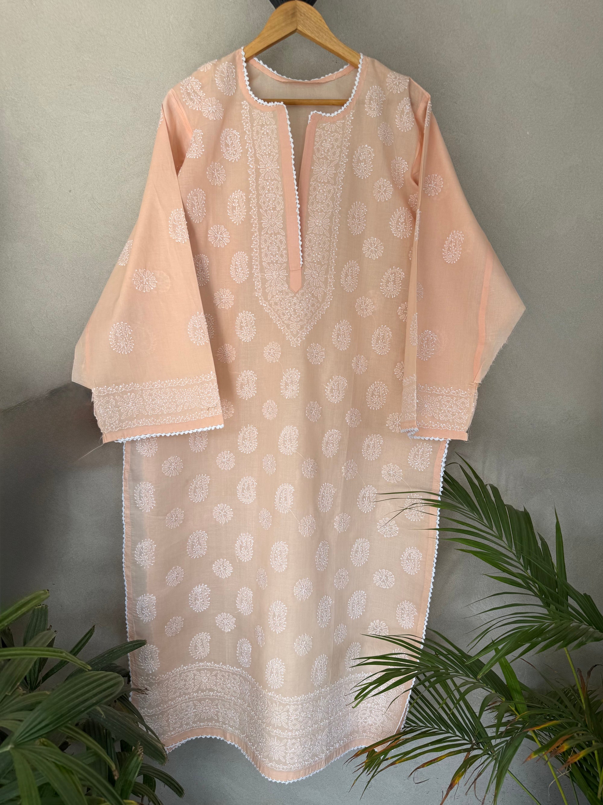 Peach and white hand embroidered kurta