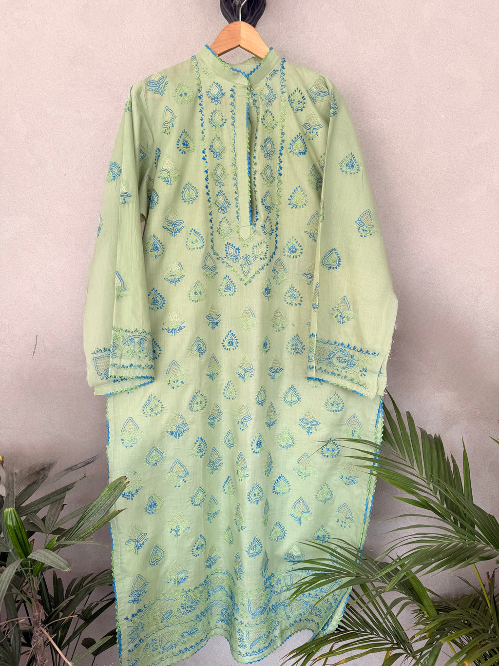 Green & blue hand embroidered kurta
