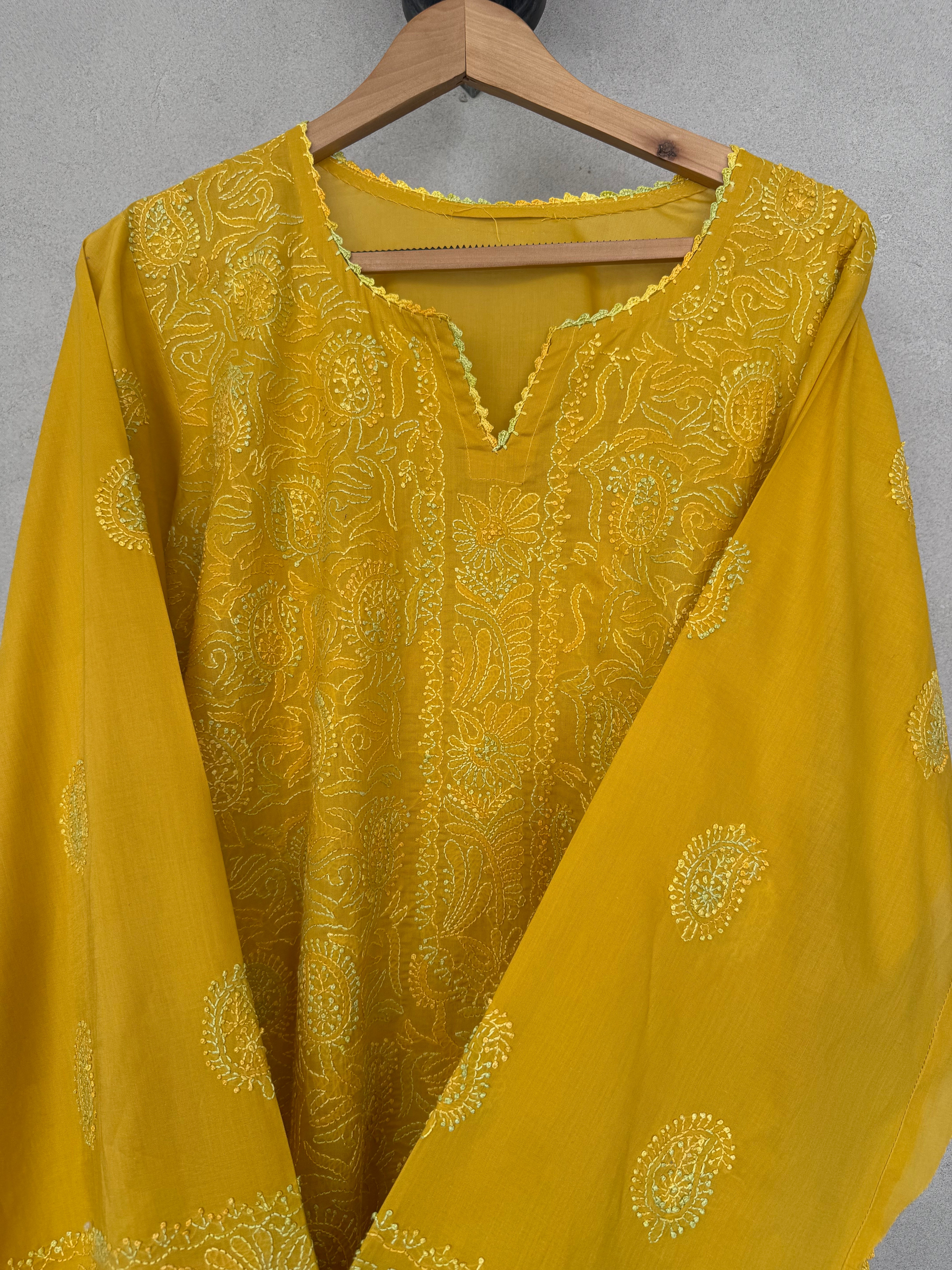 Yellow hand embroidered kurta