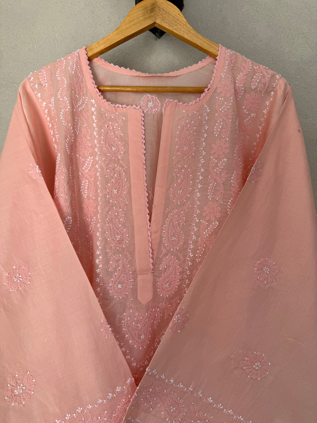 Peachy pink hand embroidered kurta