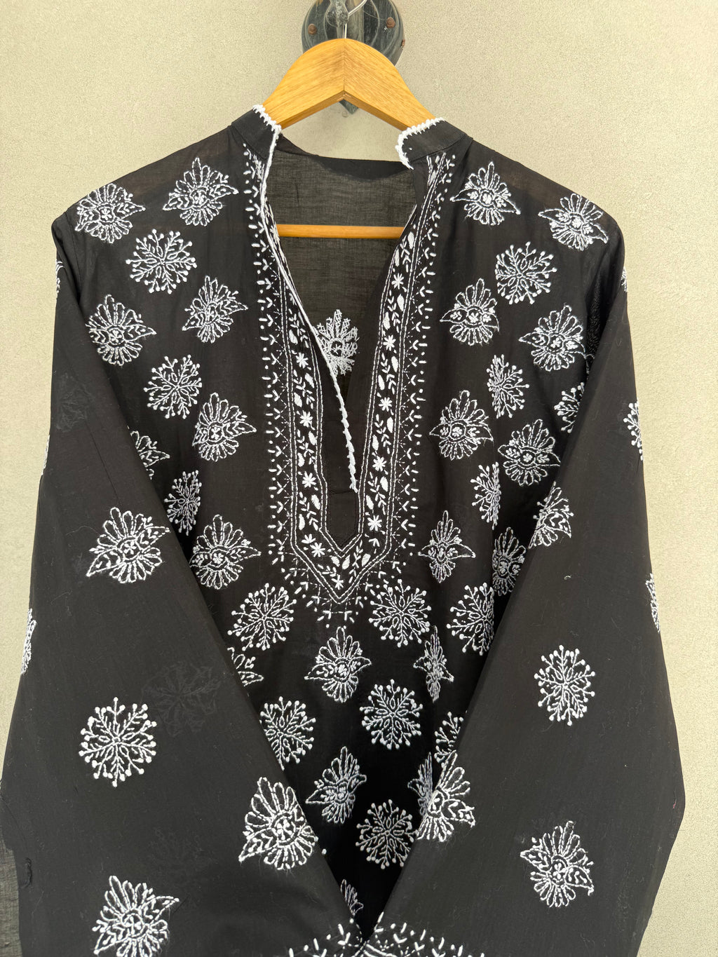 Black and white hand embroidered semi-stitched kurta