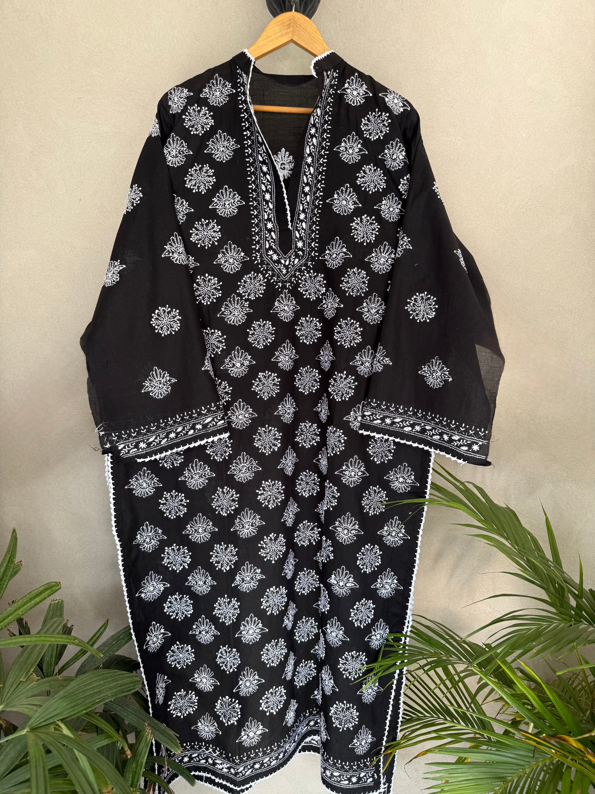 Black and white hand embroidered semi-stitched kurta