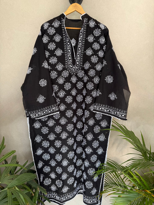 Black and white hand embroidered semi-stitched kurta