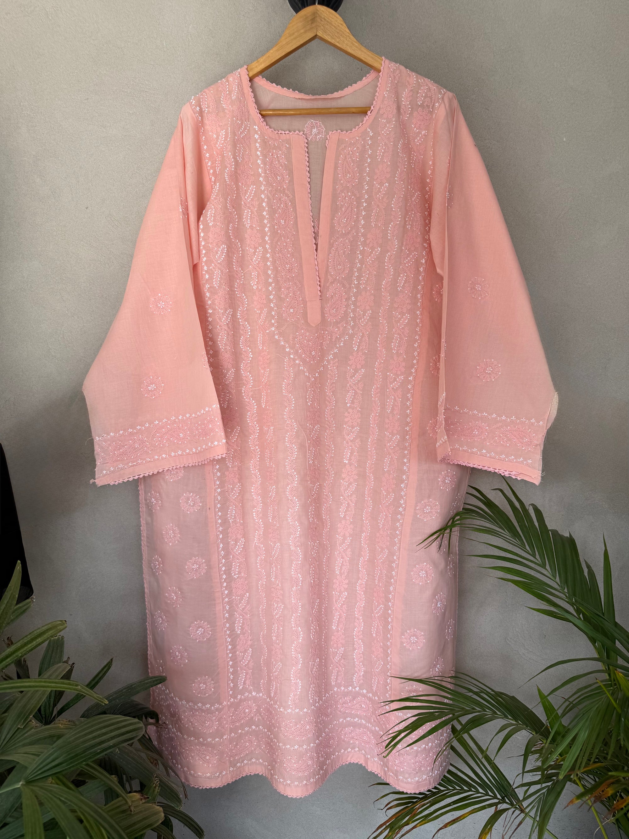 Peachy pink hand embroidered kurta