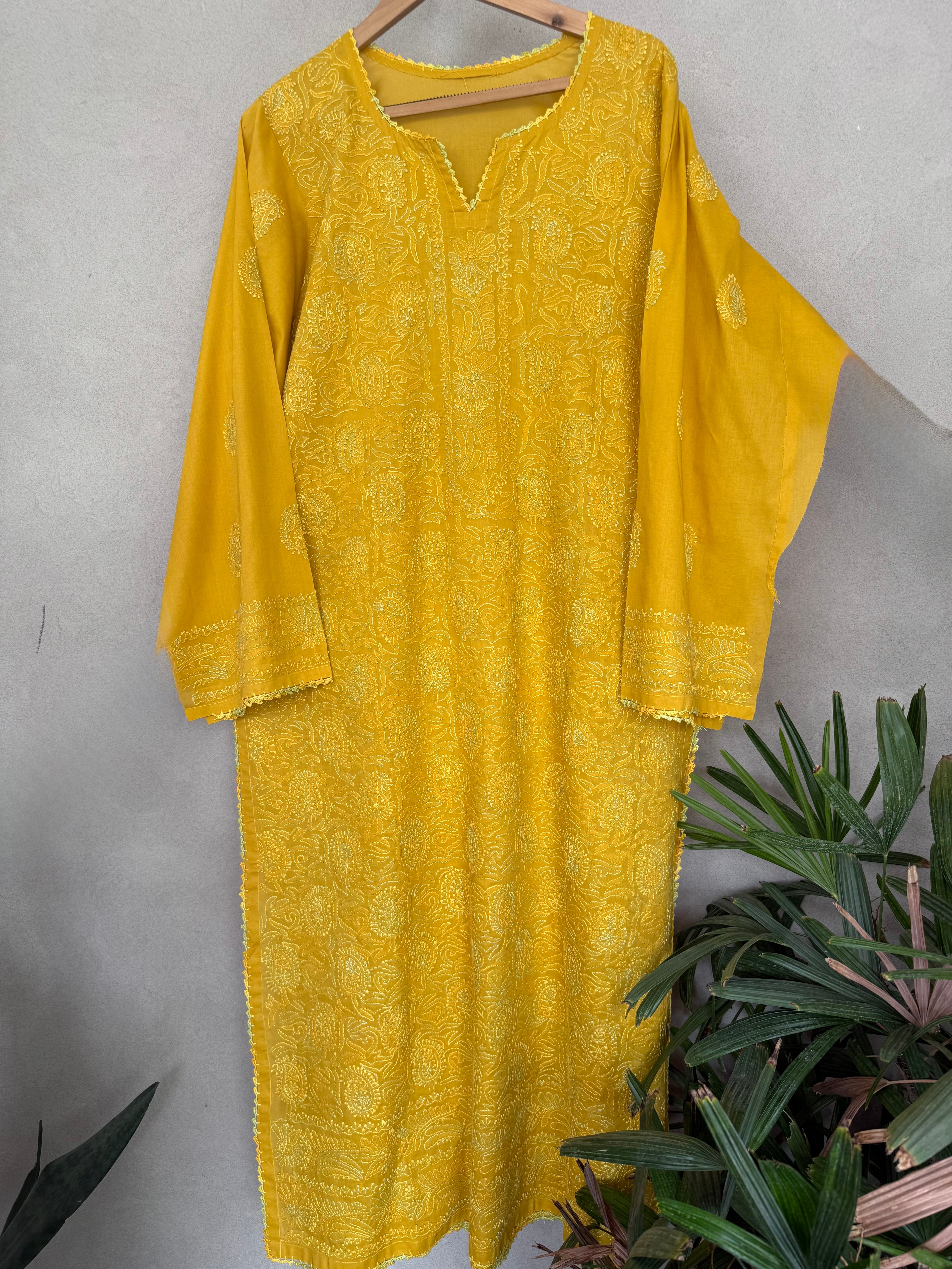 Yellow hand embroidered kurta