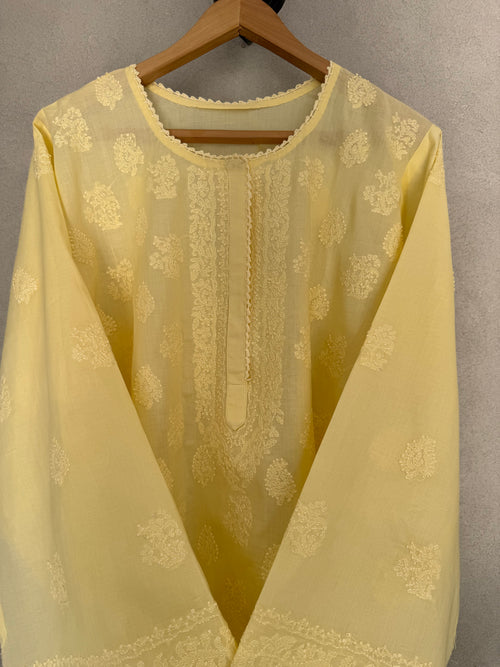 Butter yellow hand embroidered semi-stitched kurta