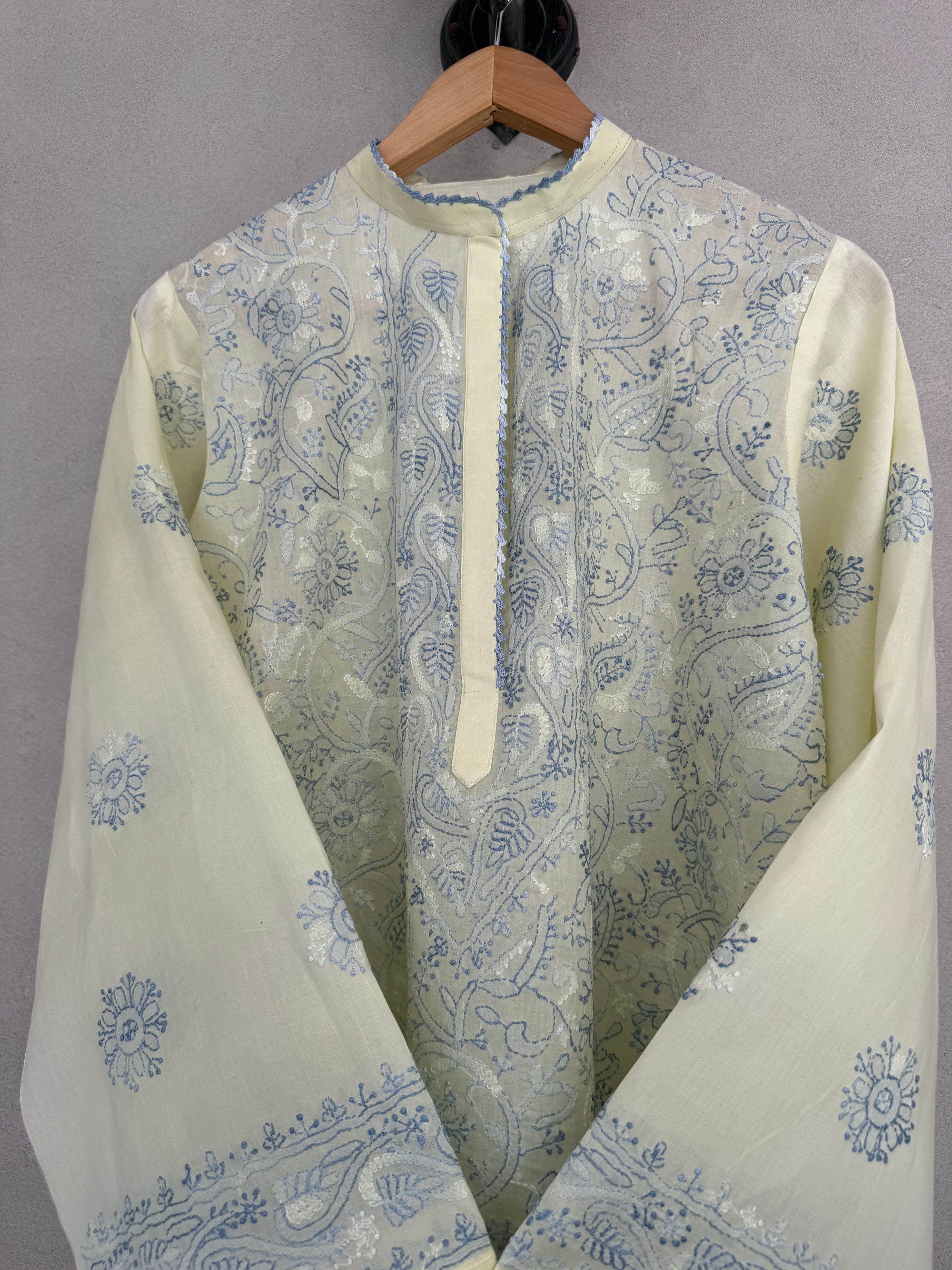 Yellow and blue hand embroidered kurta