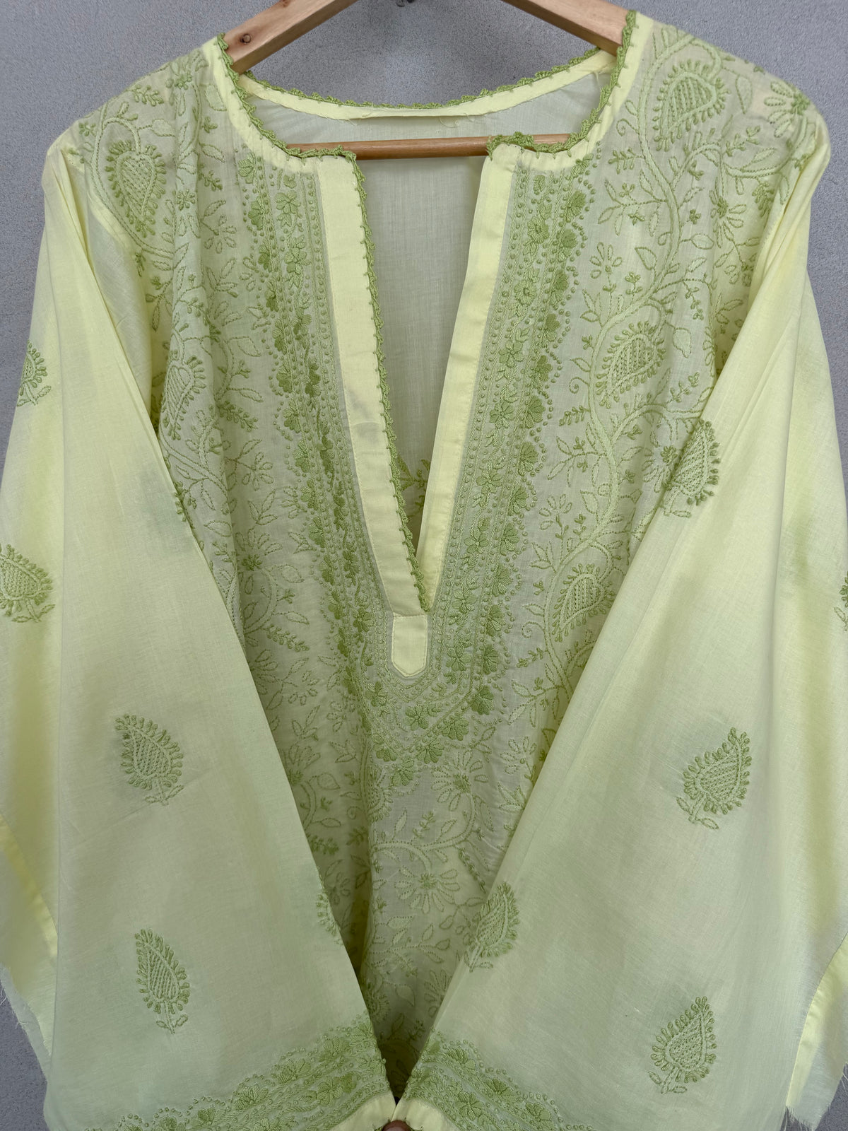 Yellow and green hand embroidered kurta