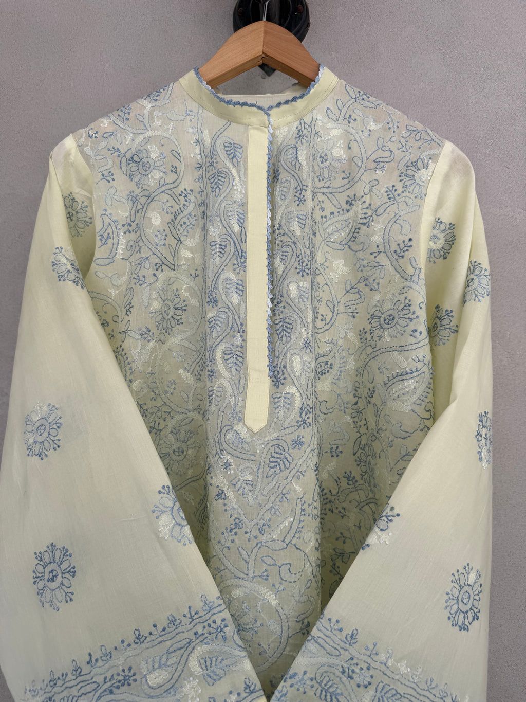 Yellow and blue hand embroidered kurta