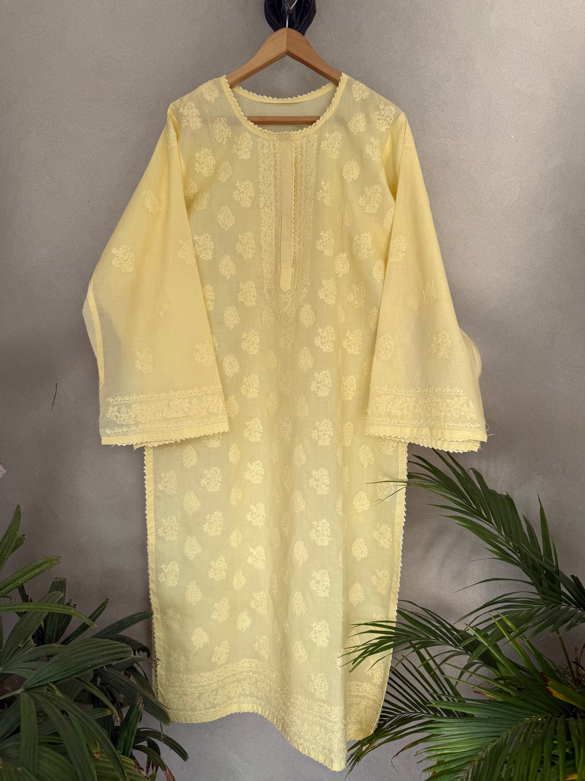 Butter yellow hand embroidered semi-stitched kurta