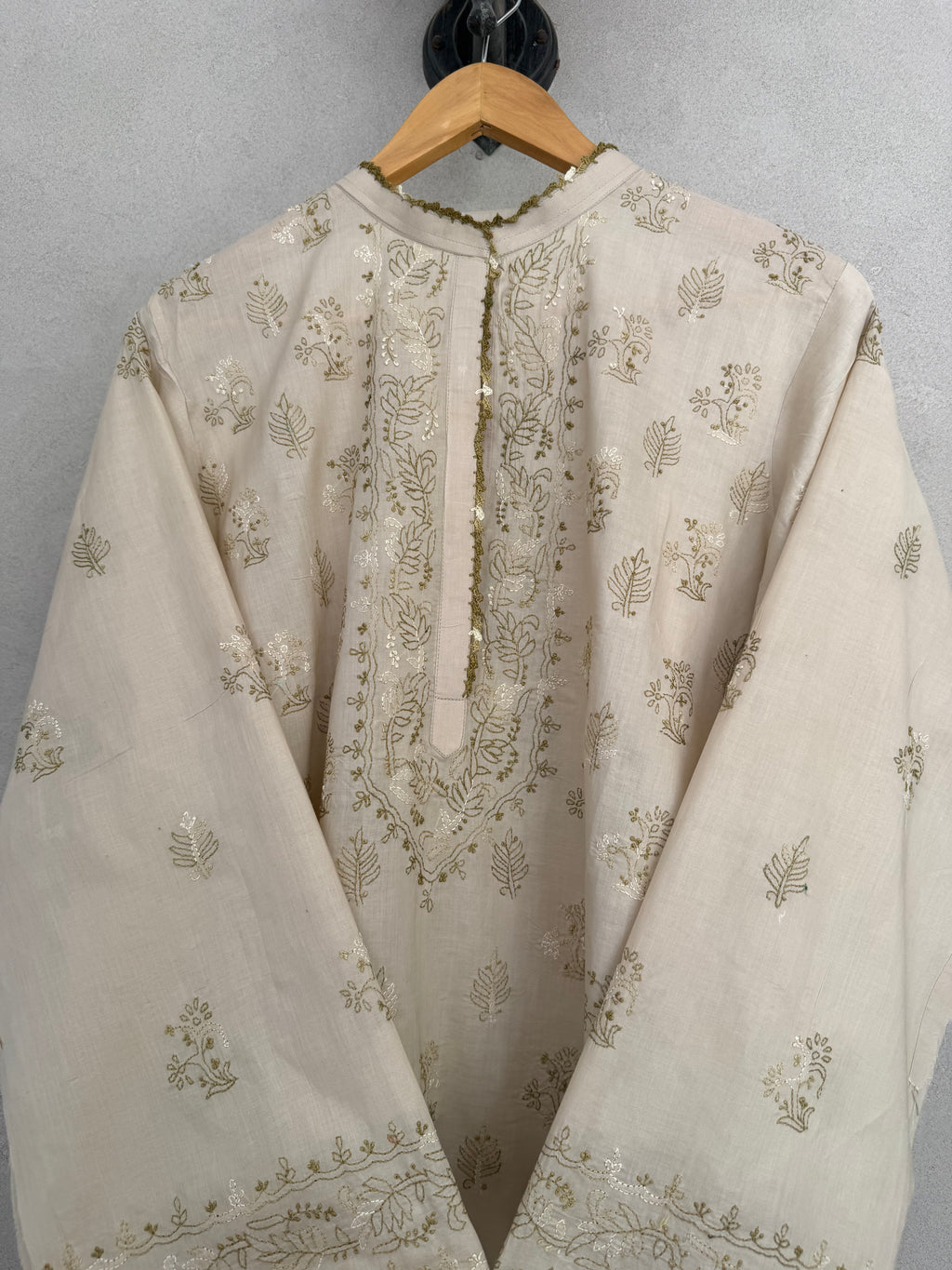 Light brown and green embroidered kurta