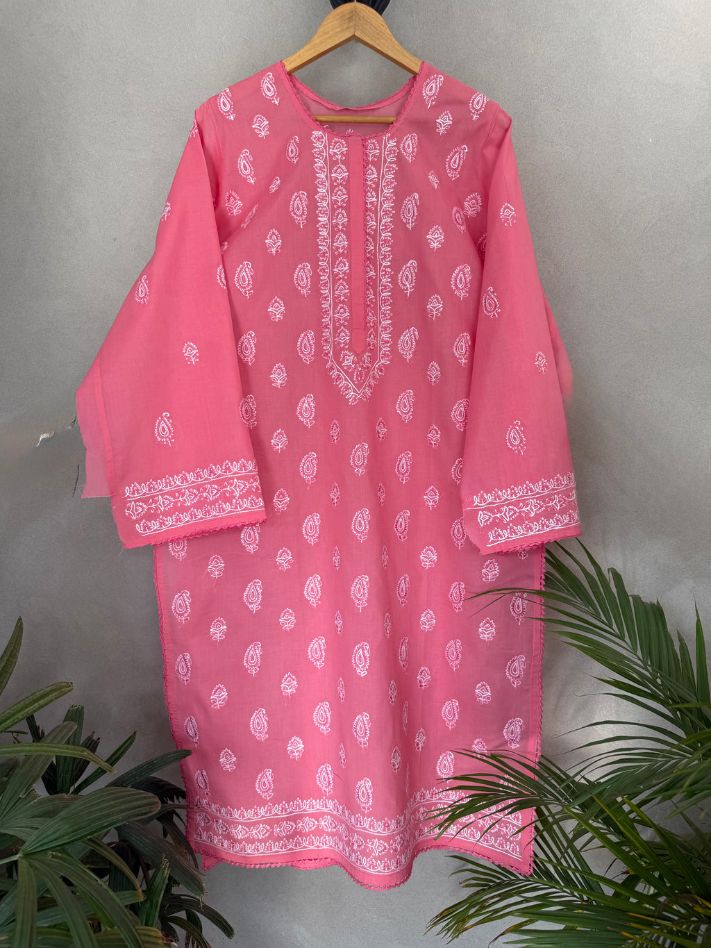 Pink and white kashmiri embroidery