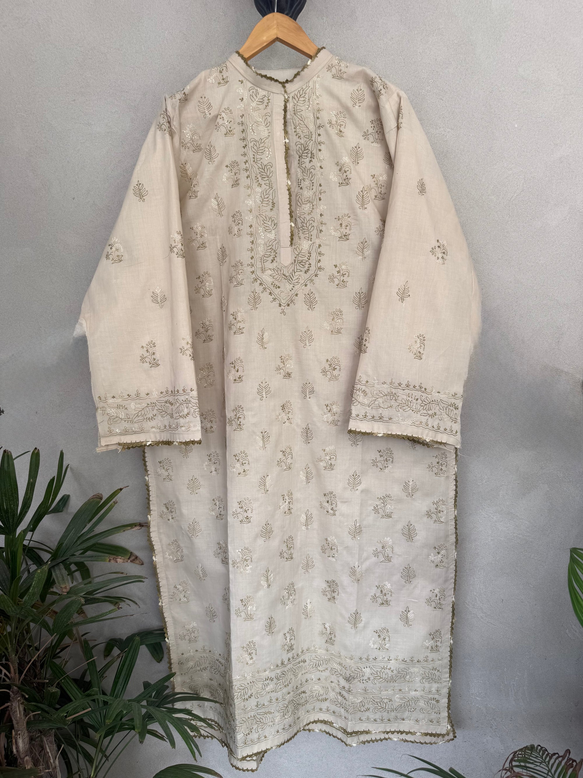 Light brown and green embroidered kurta