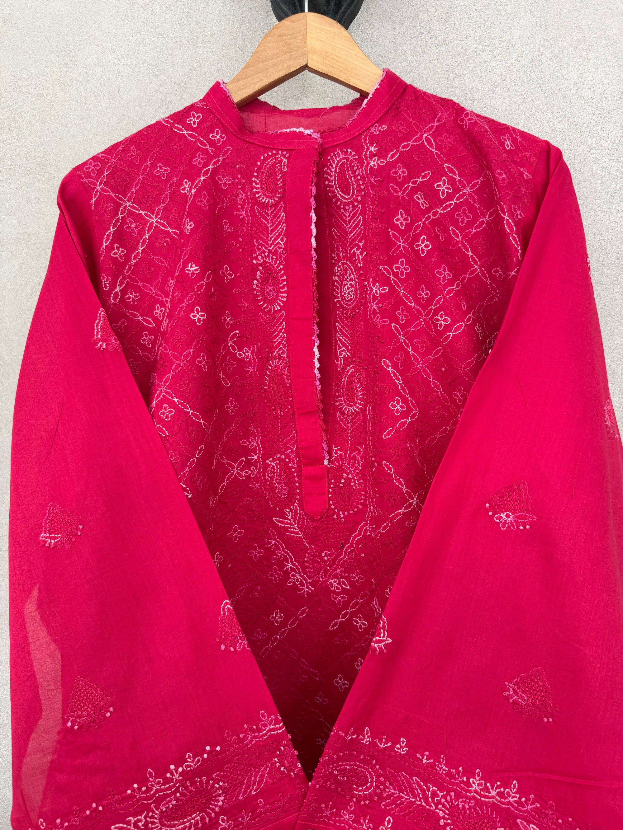 Deep pink hand embroidered kurta
