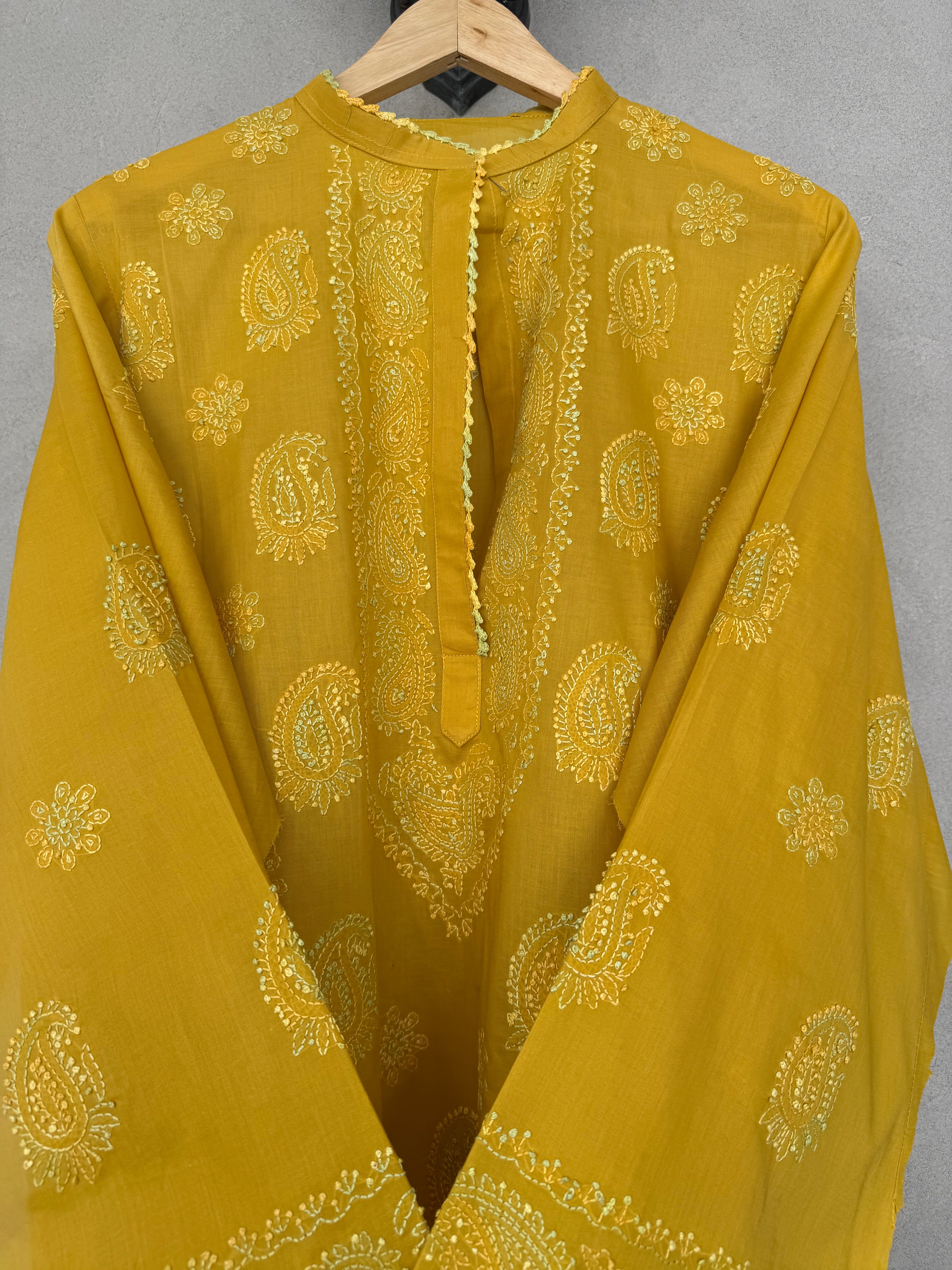 Dark yellow hand embroidered kurta