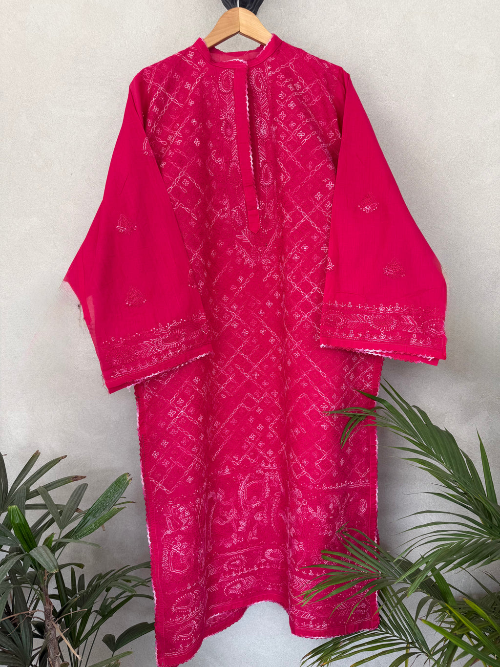 Deep pink hand embroidered kurta