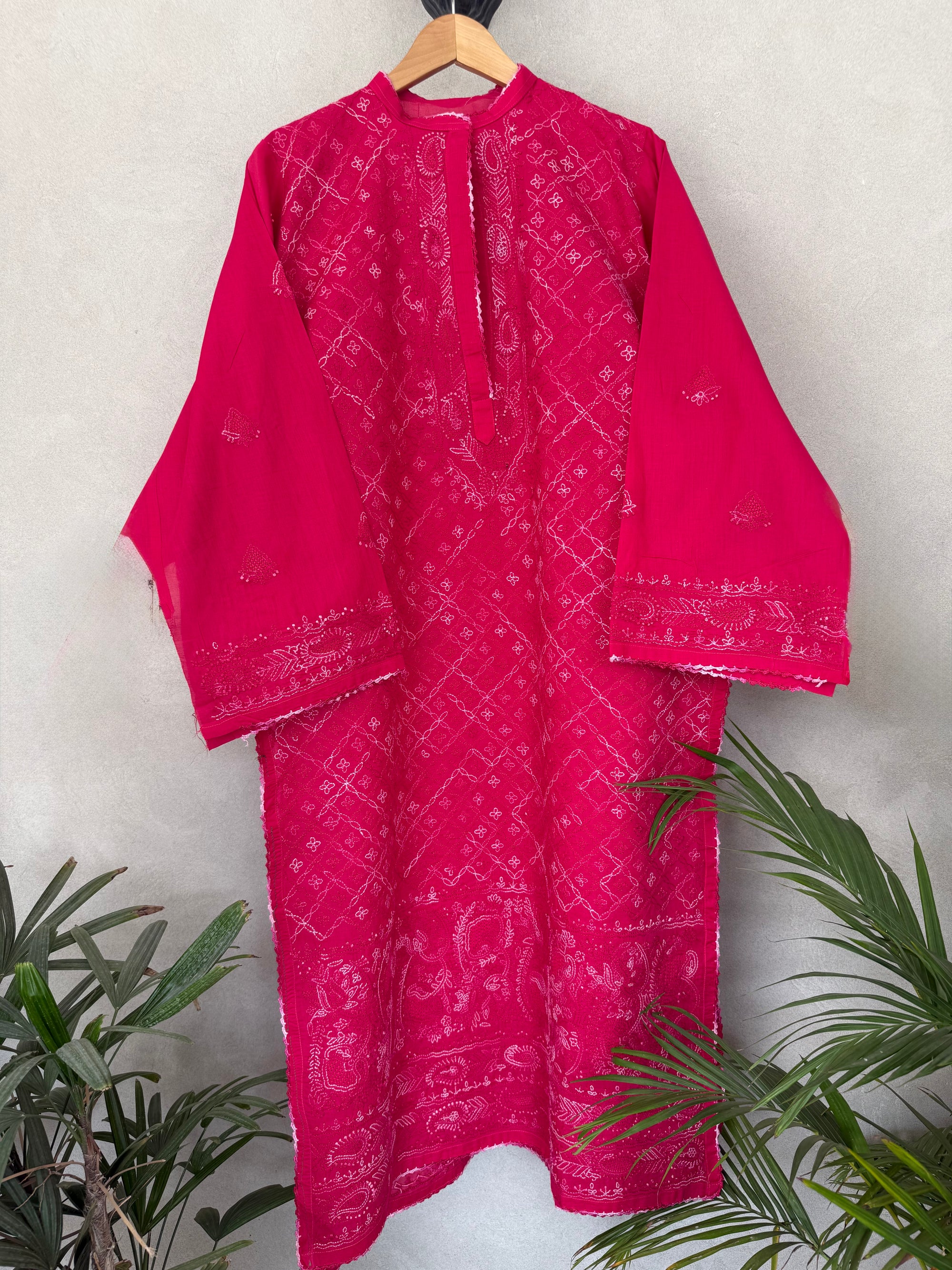 Deep pink hand embroidered kurta