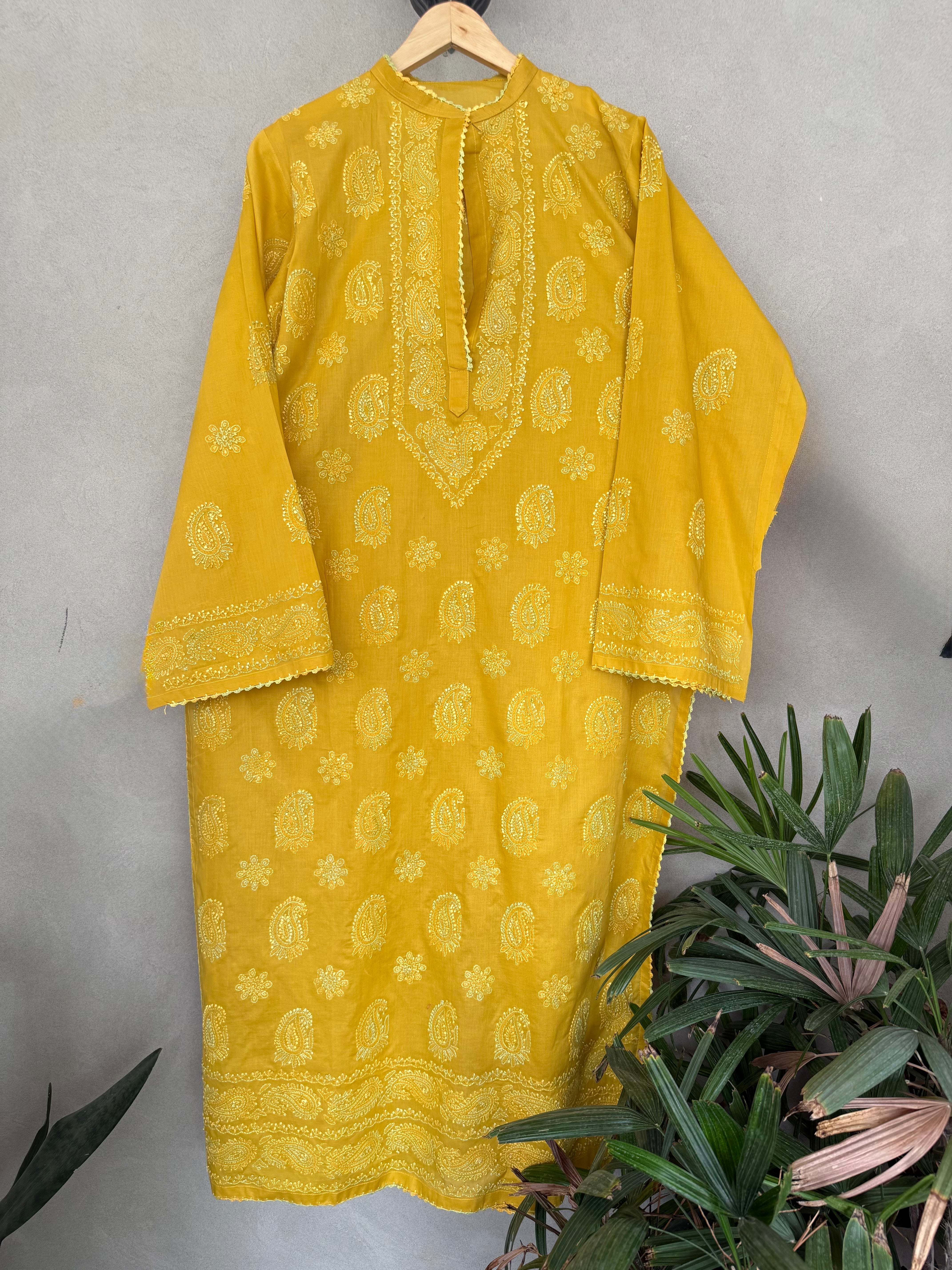 Dark yellow hand embroidered kurta