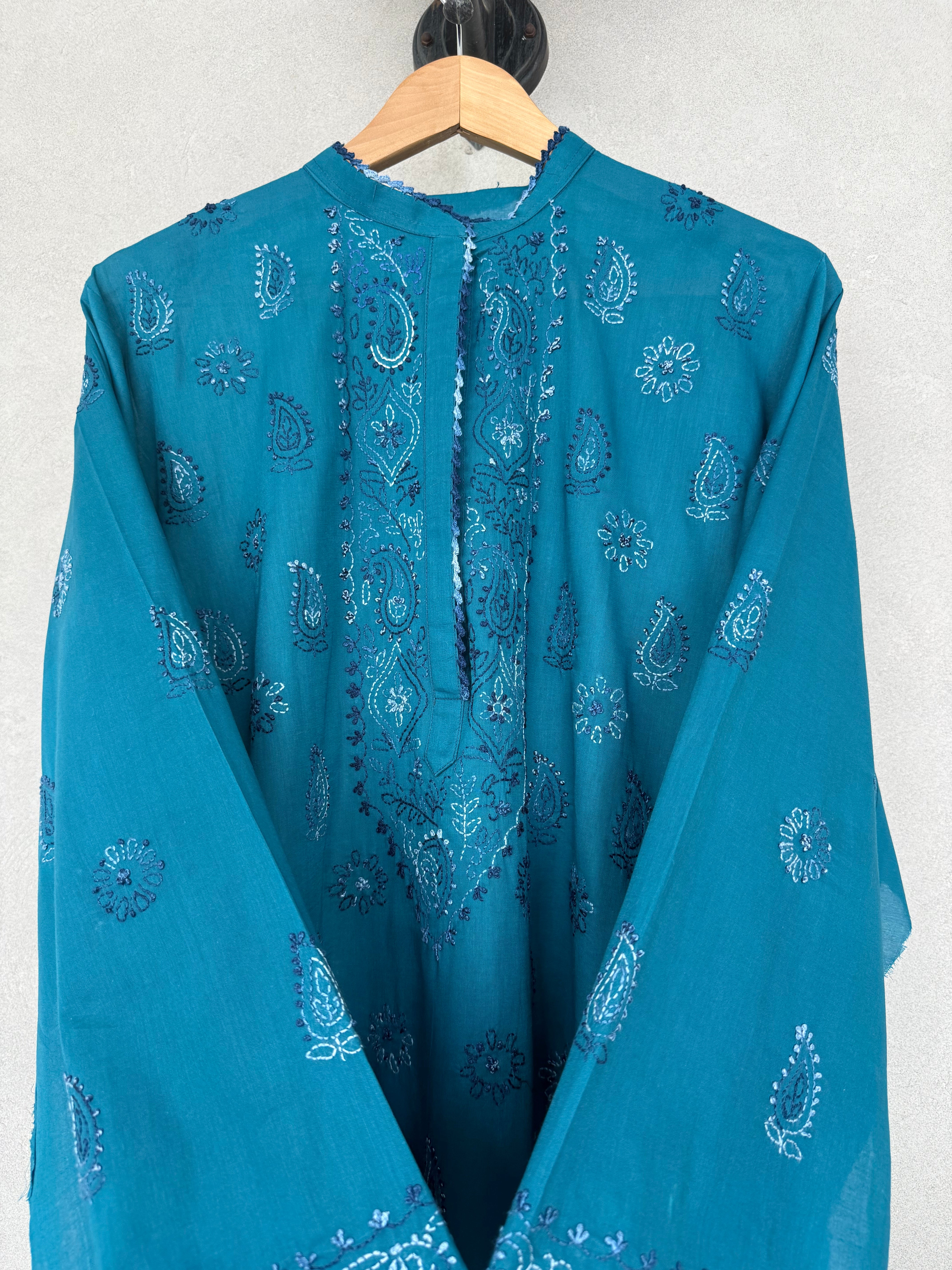Teal hand embroidered kurta