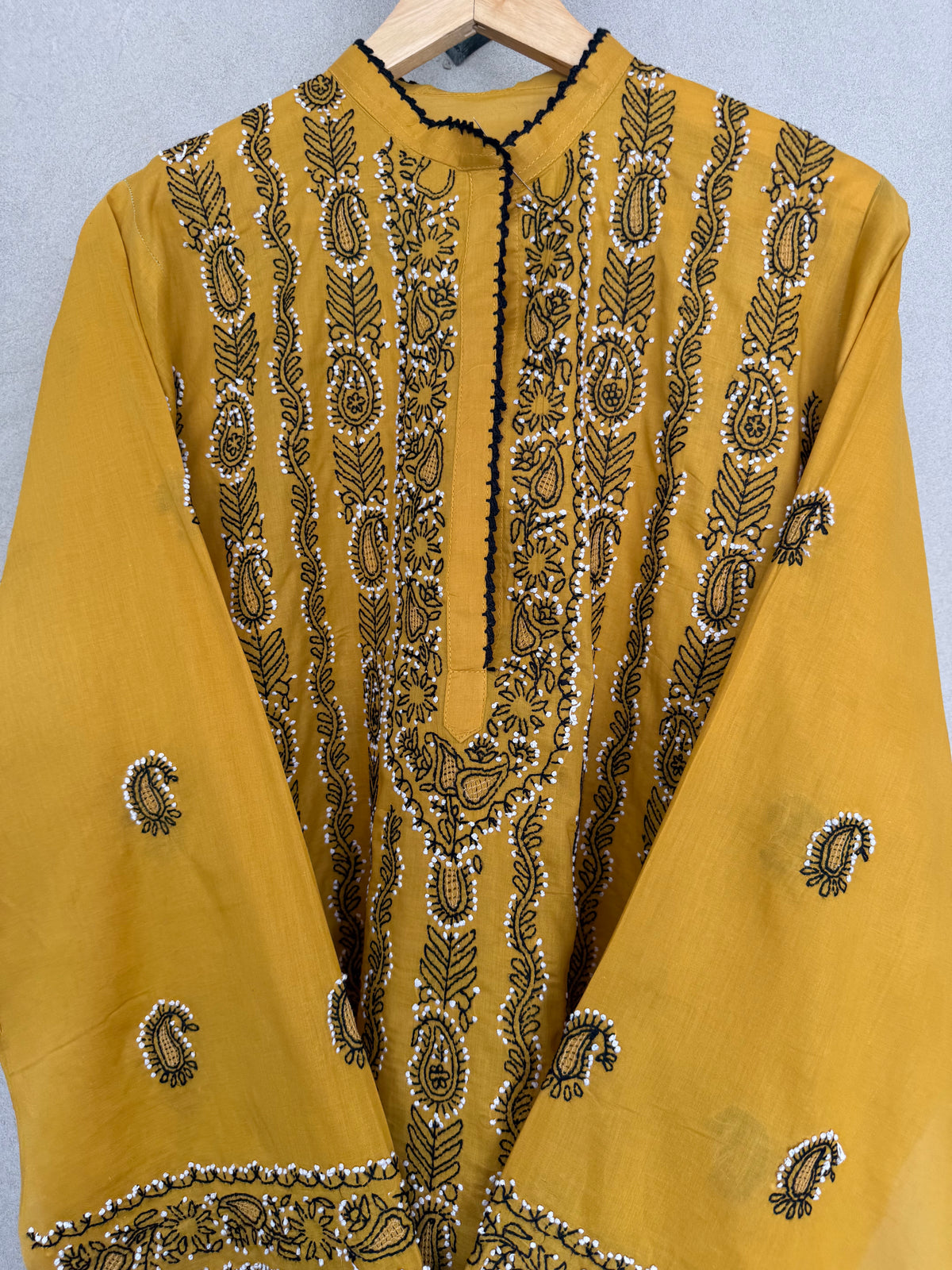 Mustard and black hand embroidered kurta