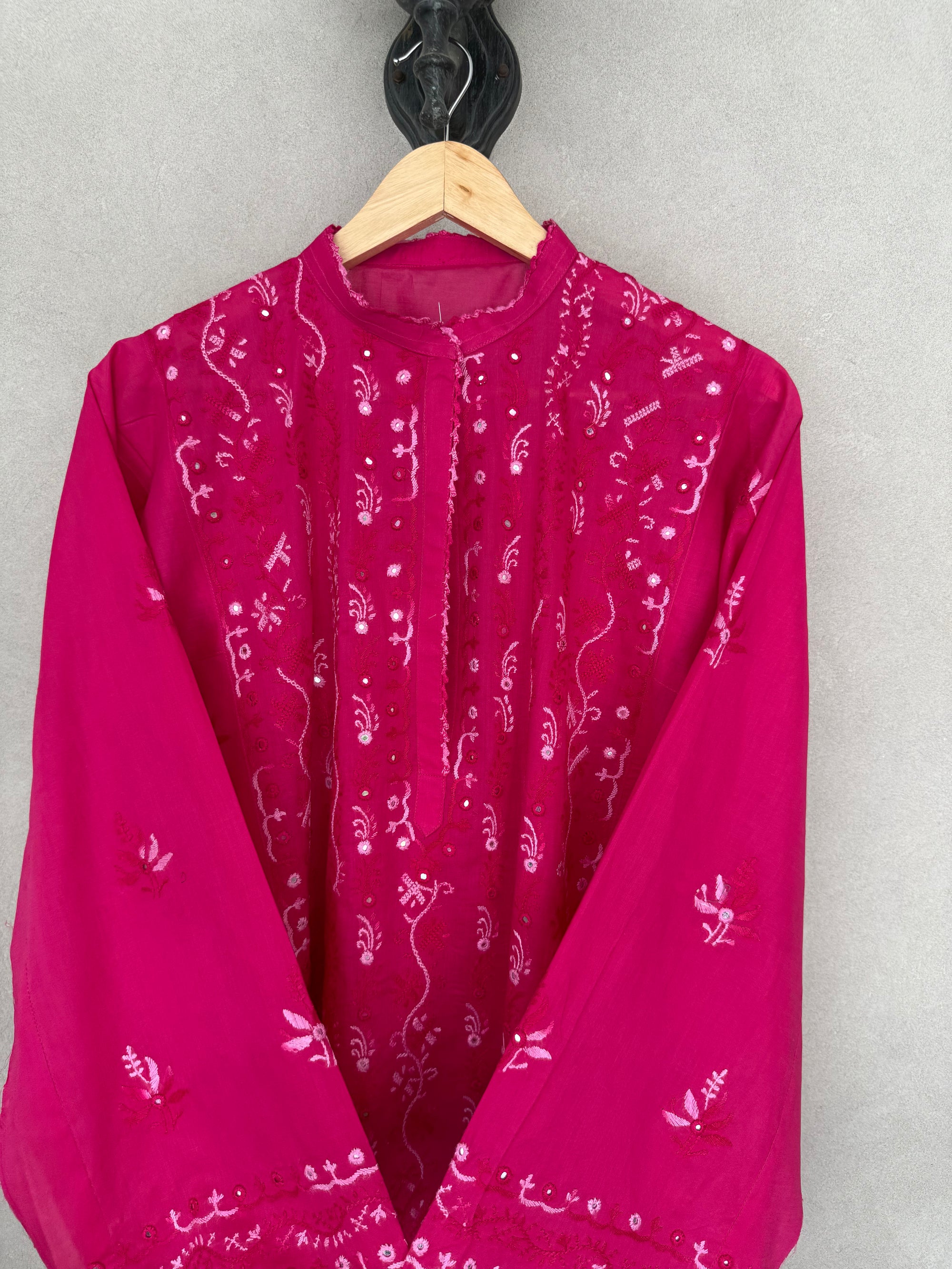 Shocking pink hand embroidered kurta
