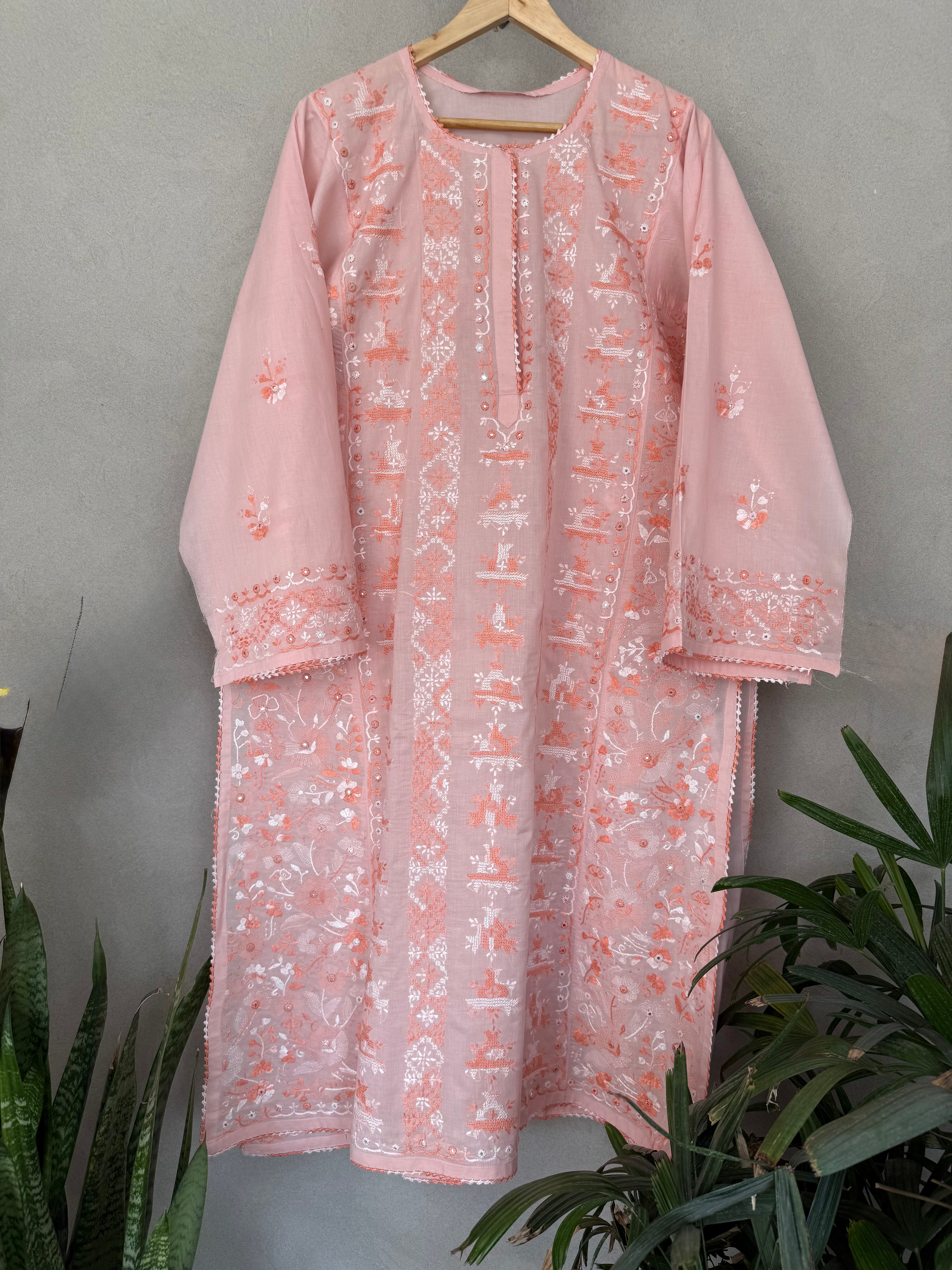 Pink and Peach Hand Embroidered Kurta