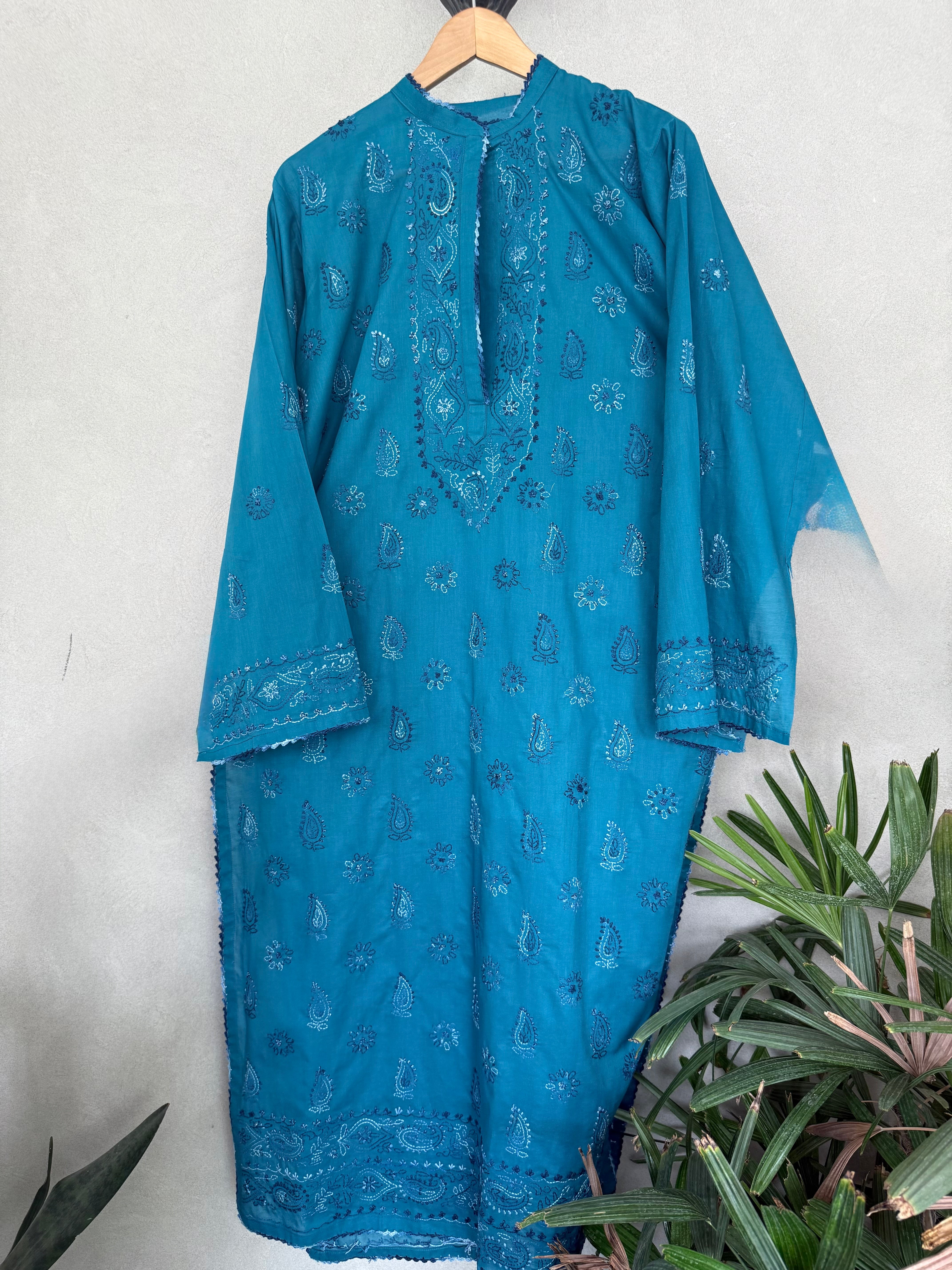 Teal hand embroidered kurta