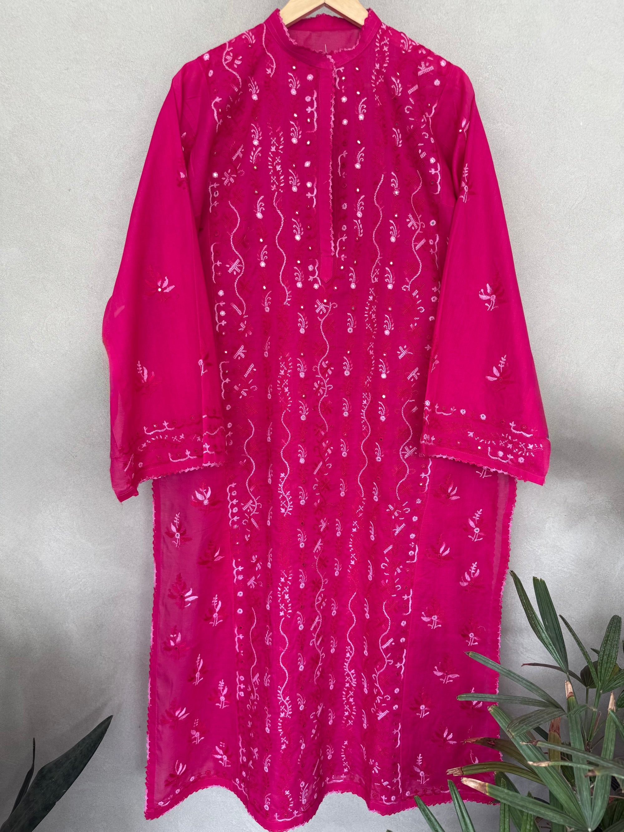 Shocking pink hand embroidered kurta