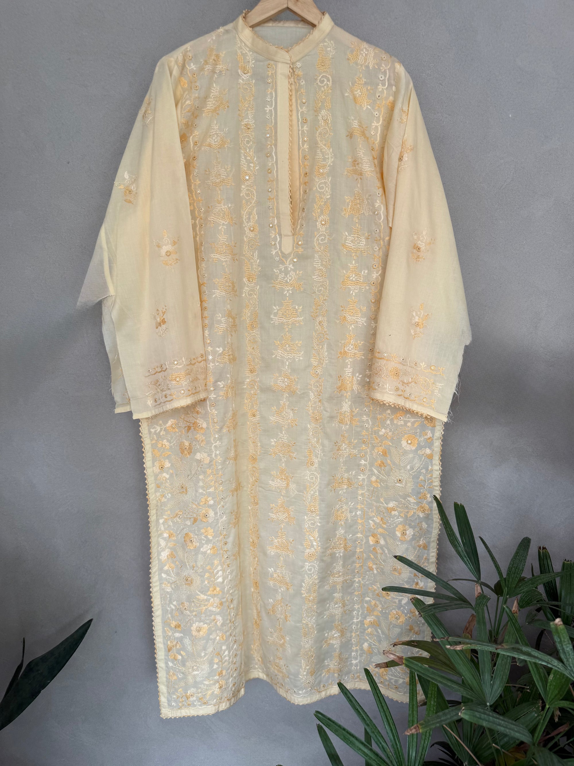 Pale yellow hand embroidered kurta