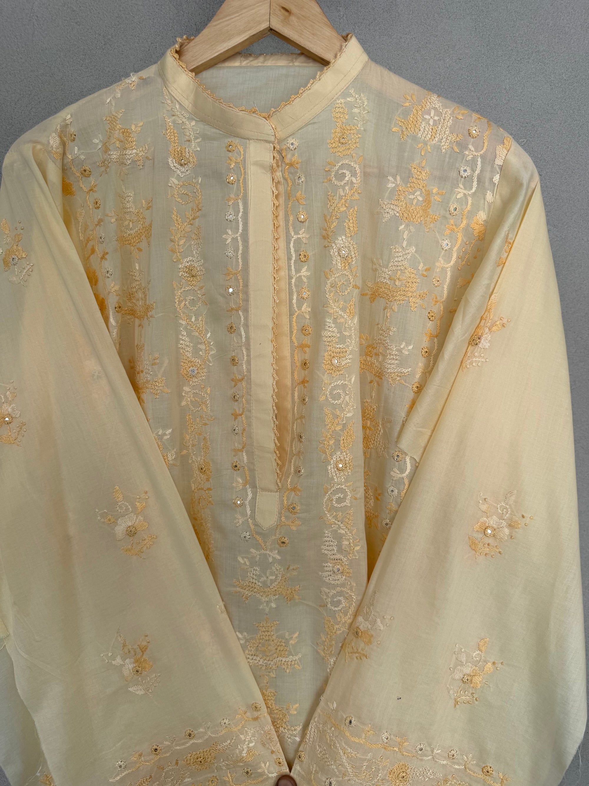 Pale yellow hand embroidered kurta