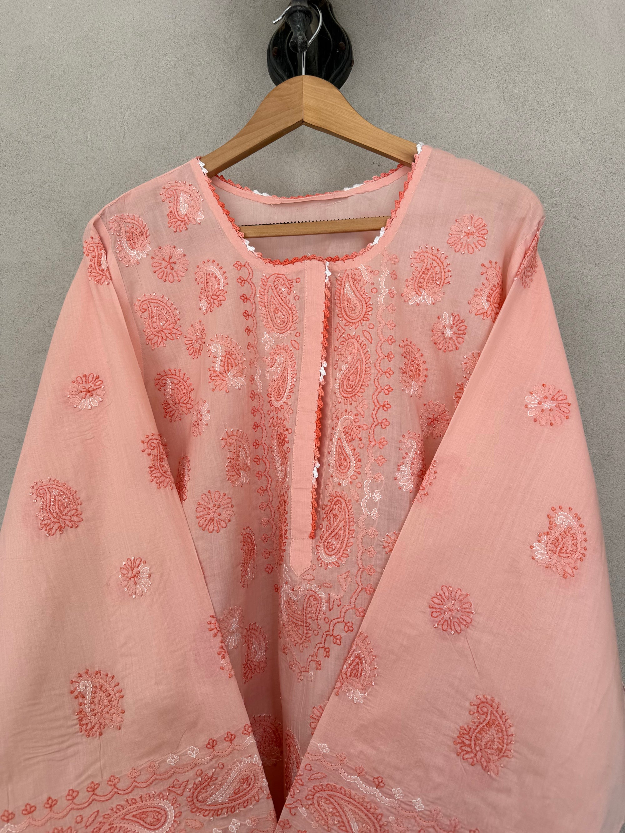 Peachy pink hand embroidered kurta