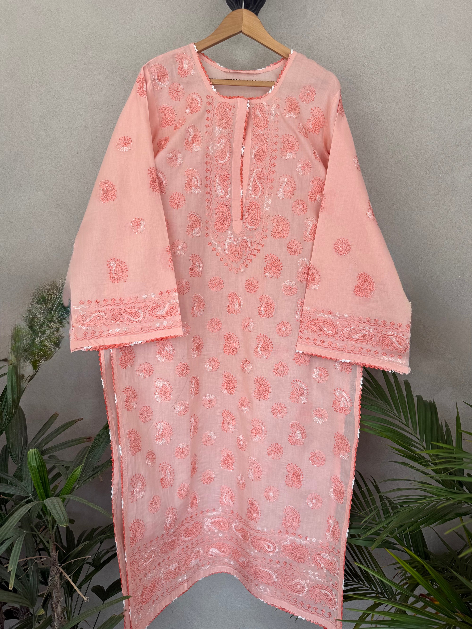 Peachy pink hand embroidered kurta