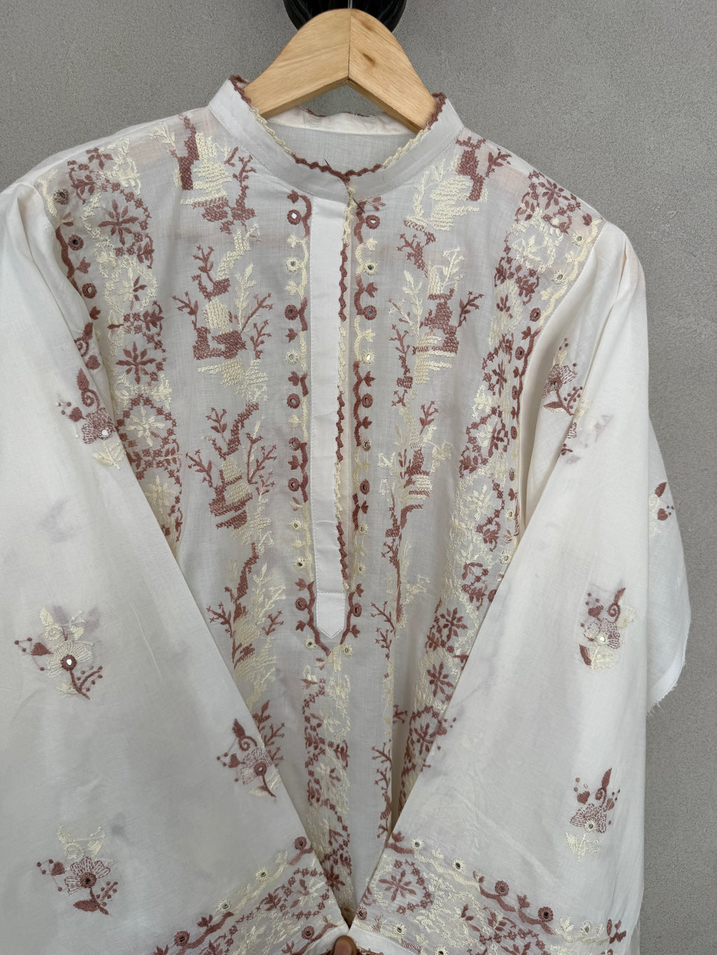 White and brown hand embroidered kurta