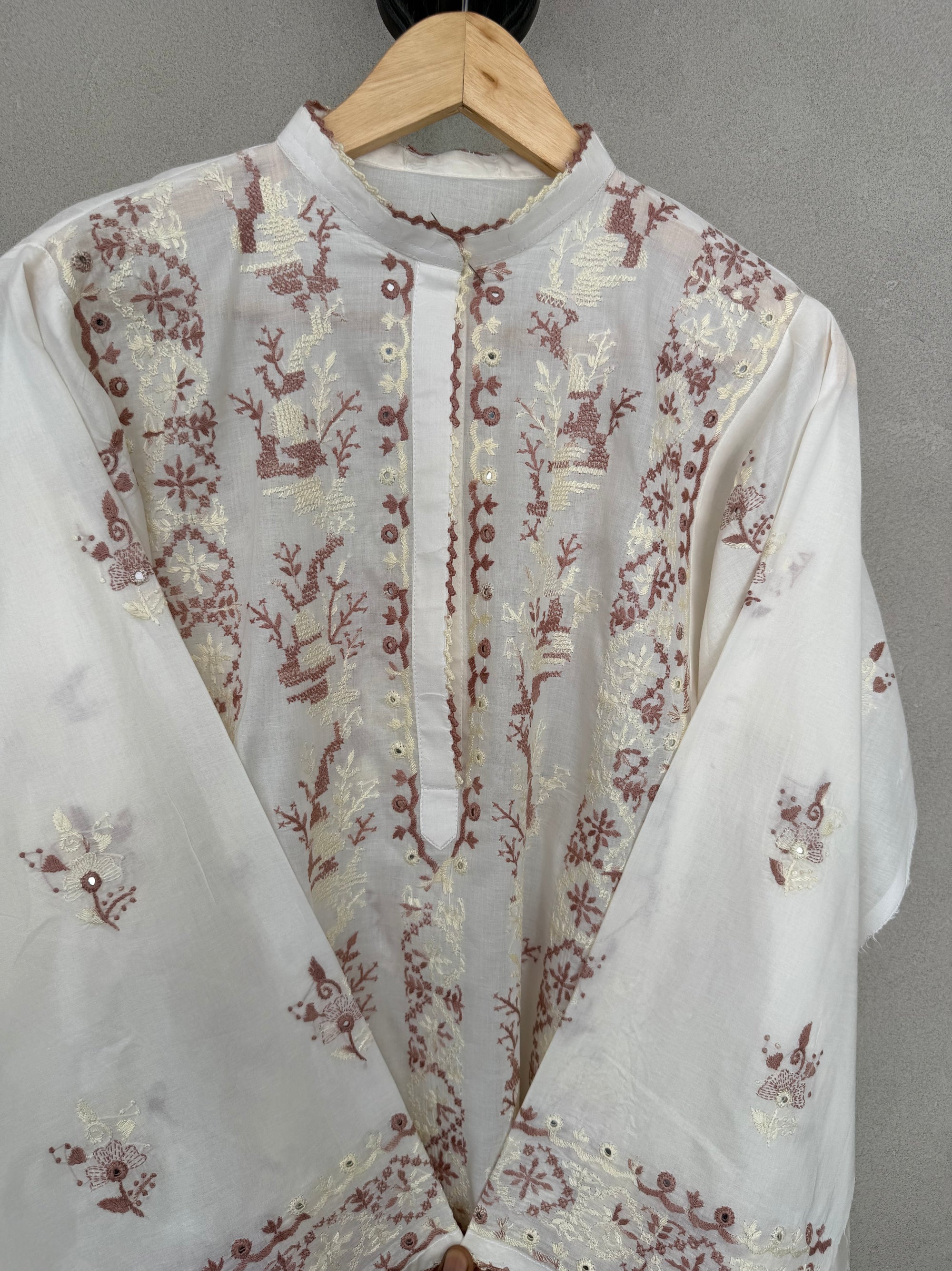White and brown hand embroidered kurta