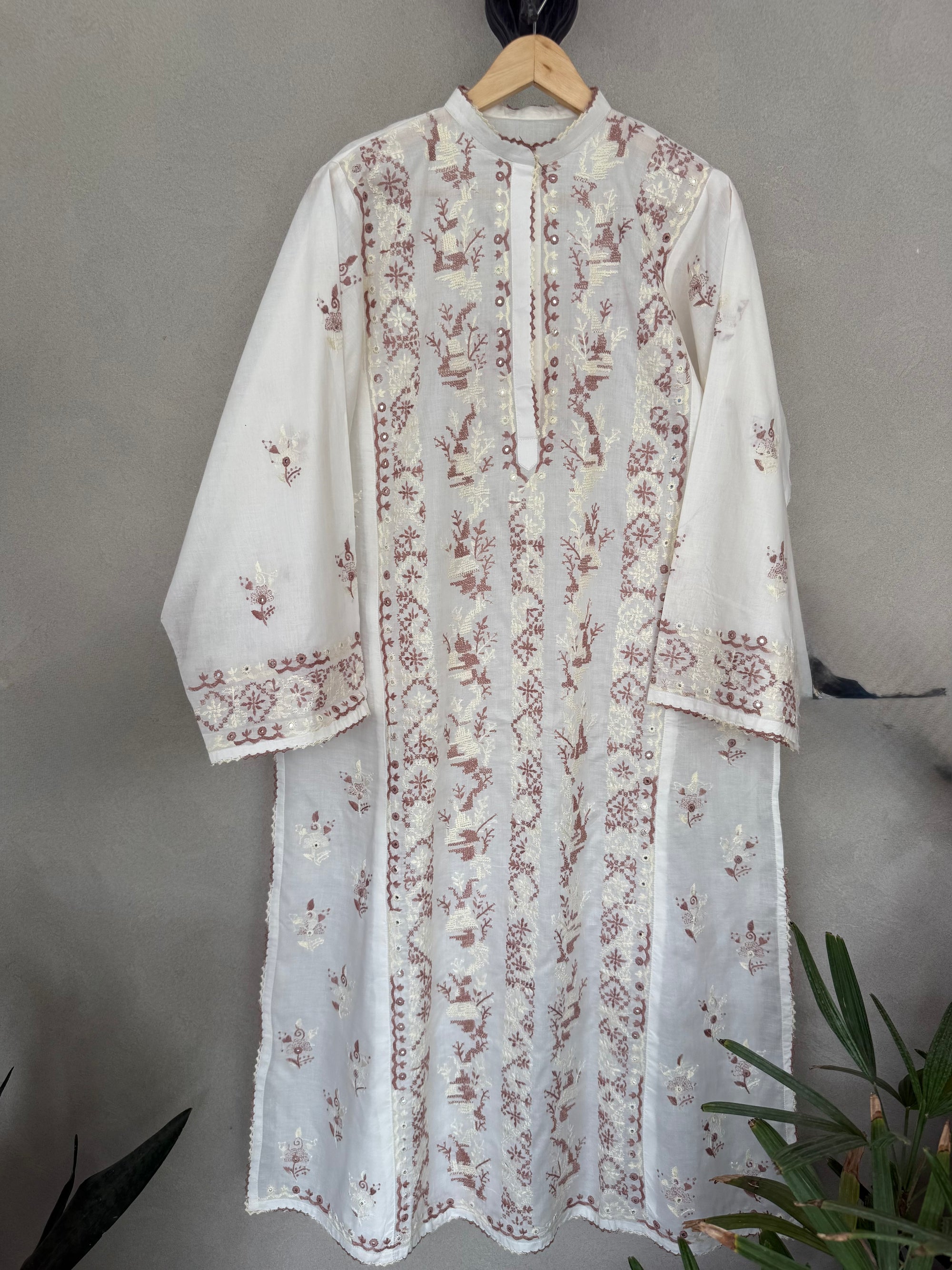 White and brown hand embroidered kurta